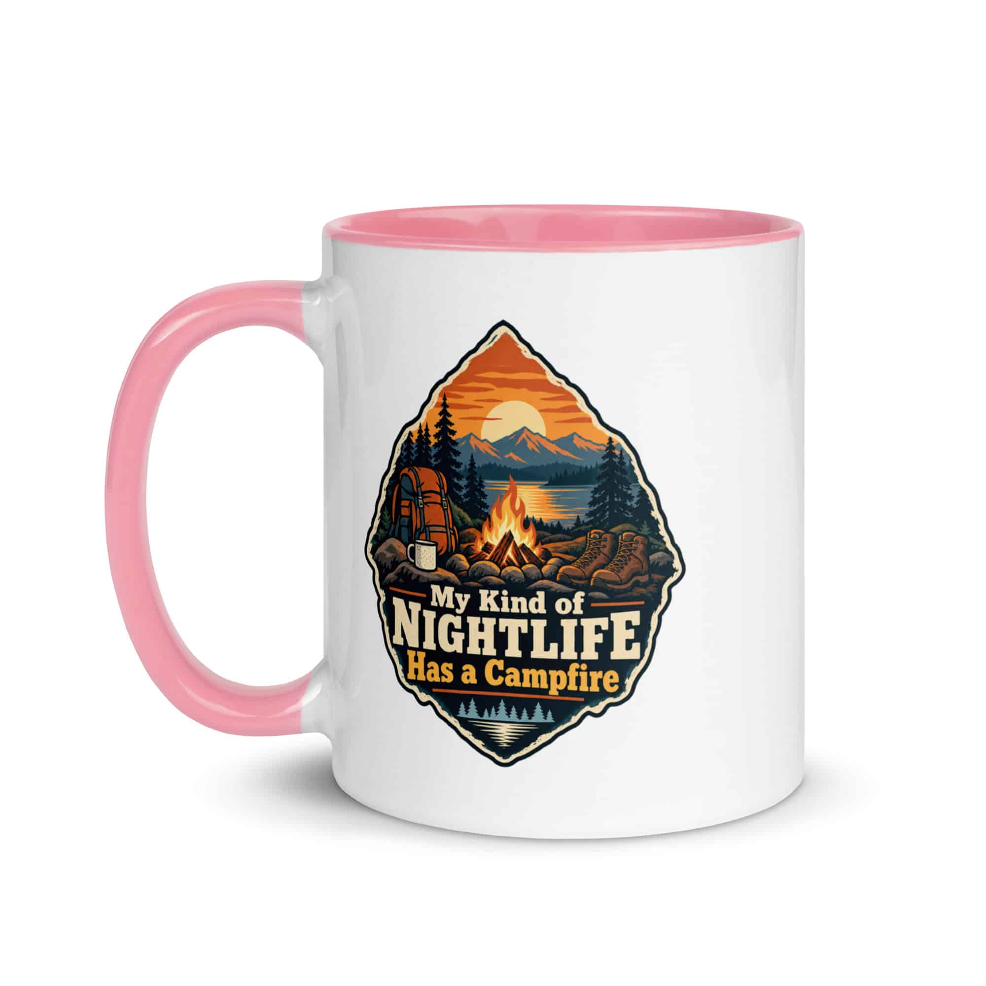 Nature and Adventure Color Inside Coffee Mug: My Kind of Nightlife Has a Campfire, Scenic Shield Badge