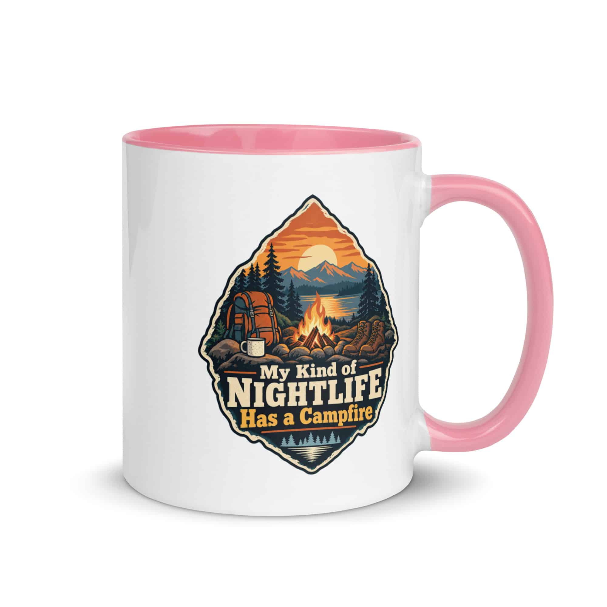 Nature and Adventure Color Inside Coffee Mug: My Kind of Nightlife Has a Campfire, Scenic Shield Badge
