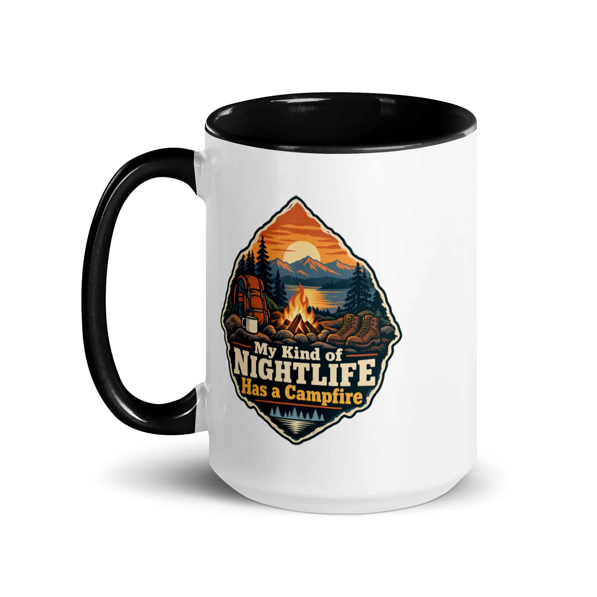 Nature and Adventure Color Inside Coffee Mug: My Kind of Nightlife Has a Campfire, Scenic Shield Badge
