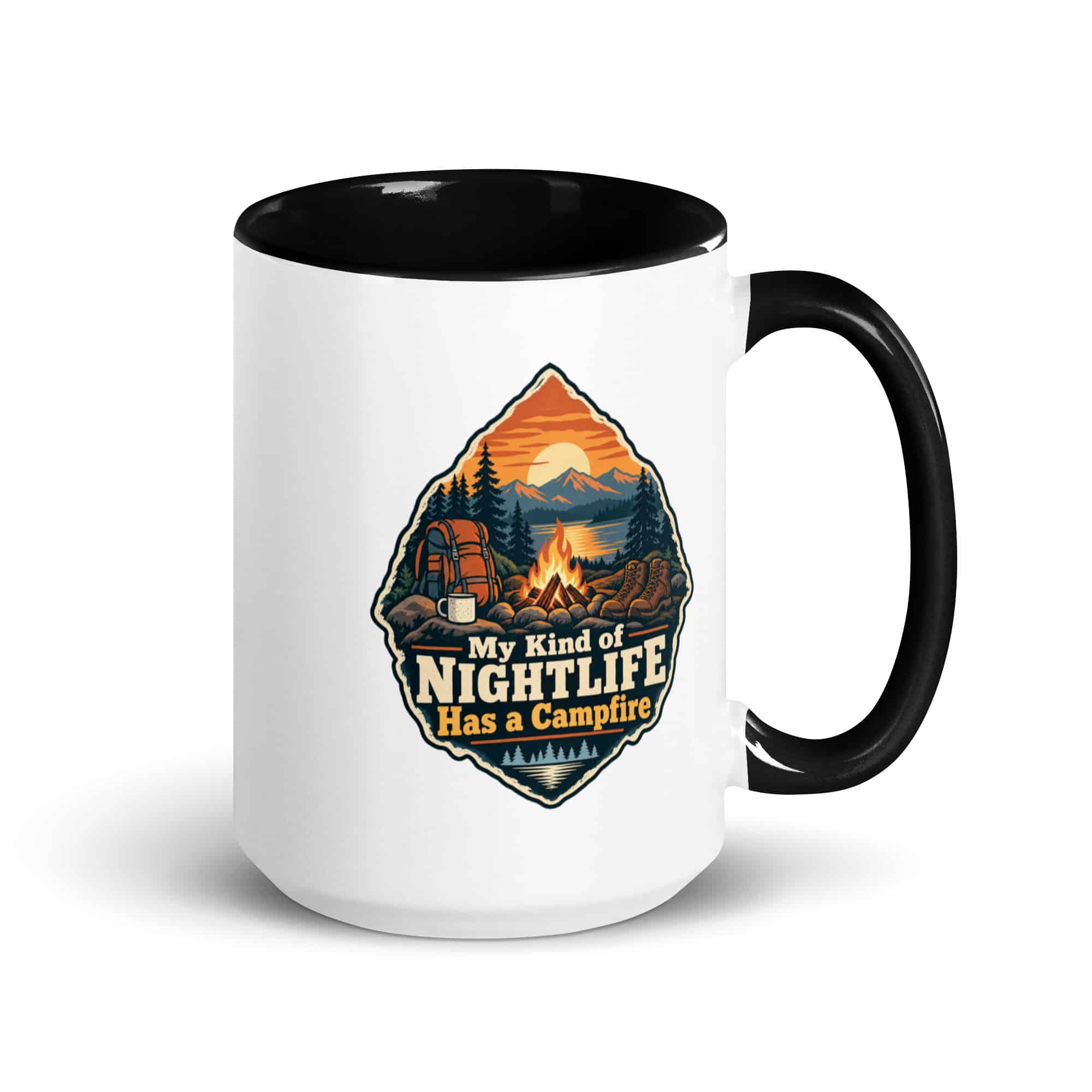 Nature and Adventure Color Inside Coffee Mug: My Kind of Nightlife Has a Campfire, Scenic Shield Badge
