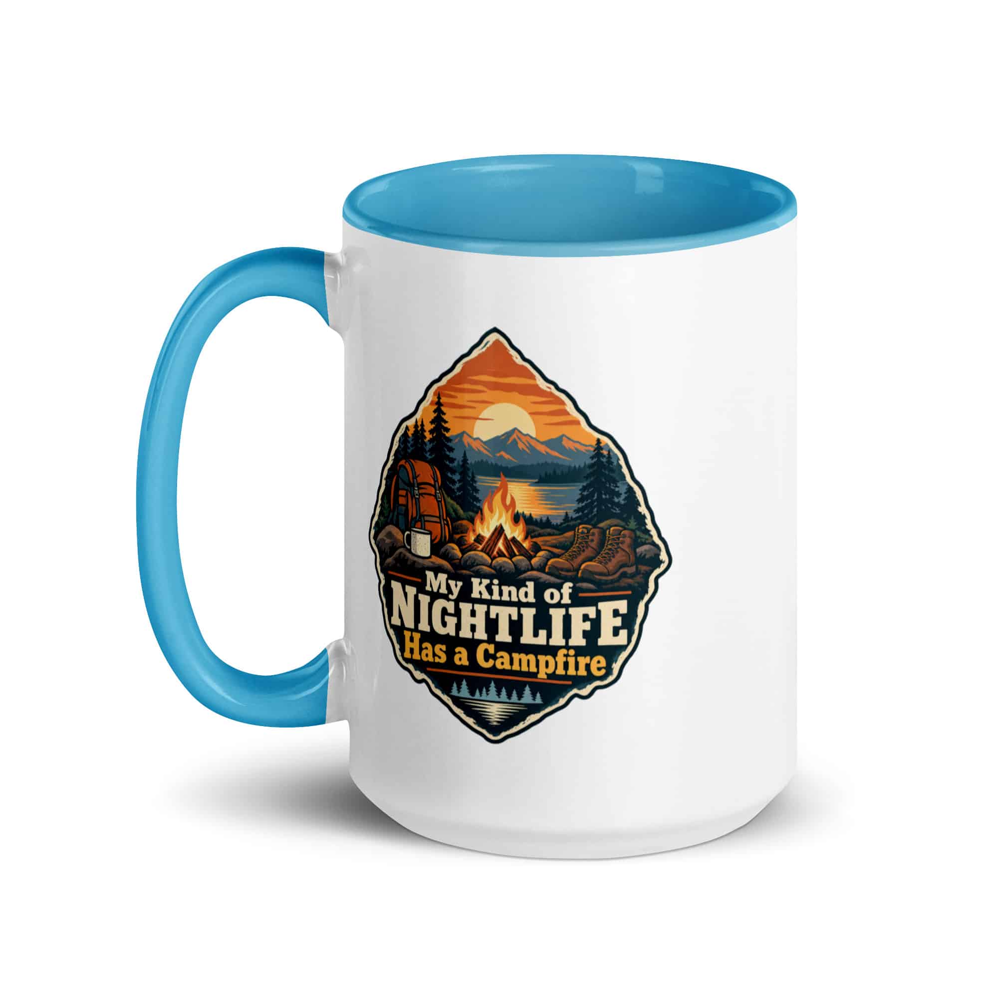 Nature and Adventure Color Inside Coffee Mug: My Kind of Nightlife Has a Campfire, Scenic Shield Badge