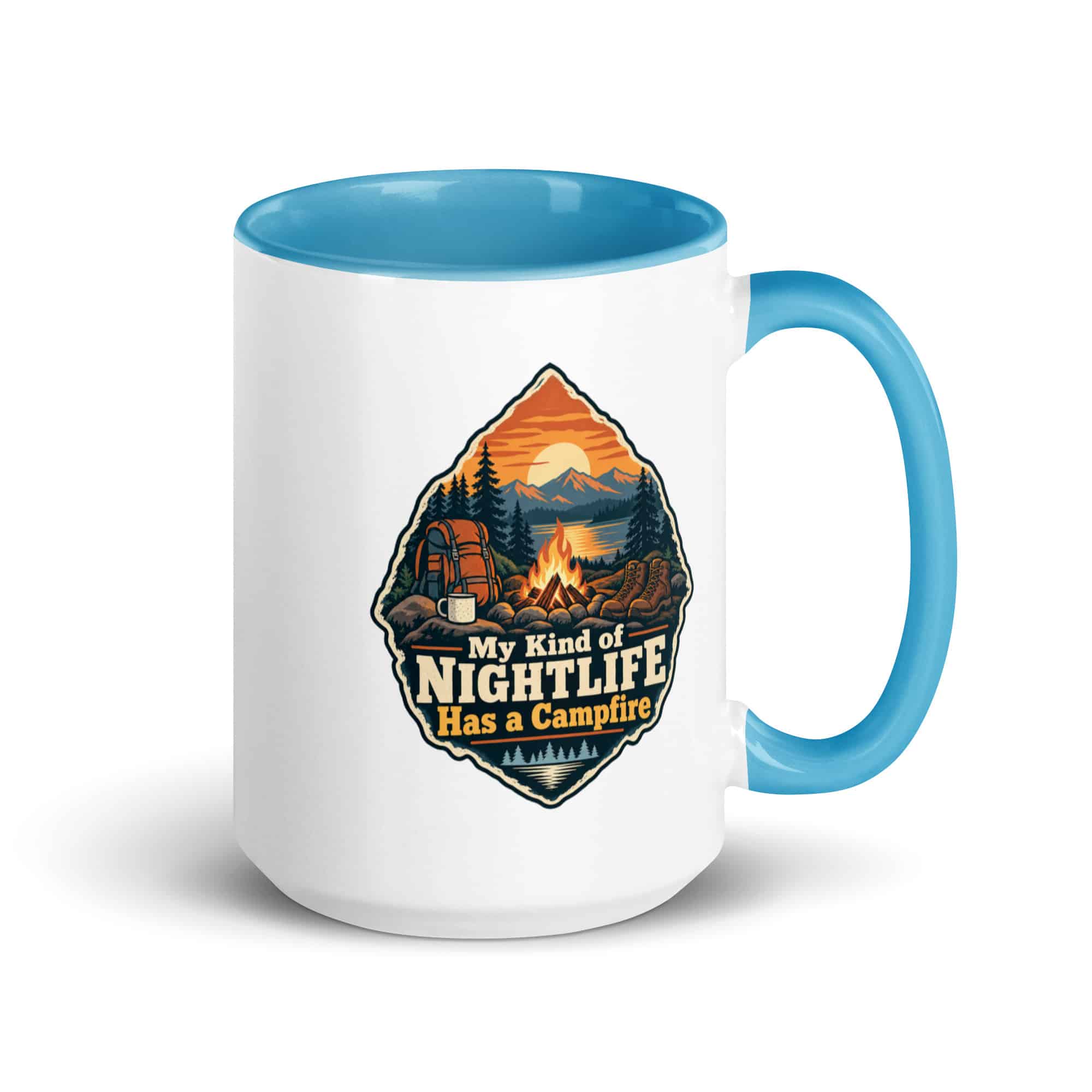 Nature and Adventure Color Inside Coffee Mug: My Kind of Nightlife Has a Campfire, Scenic Shield Badge