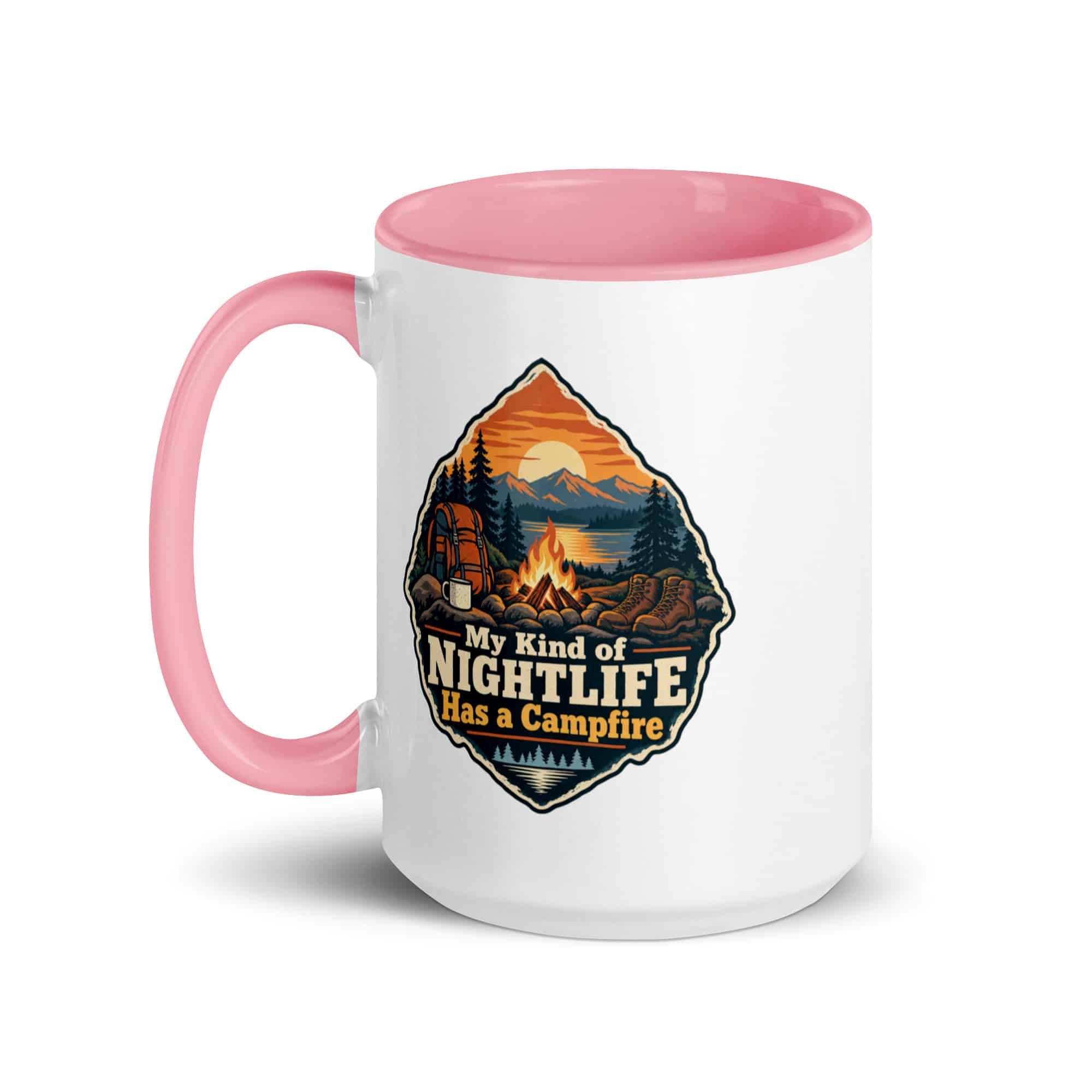 Nature and Adventure Color Inside Coffee Mug: My Kind of Nightlife Has a Campfire, Scenic Shield Badge