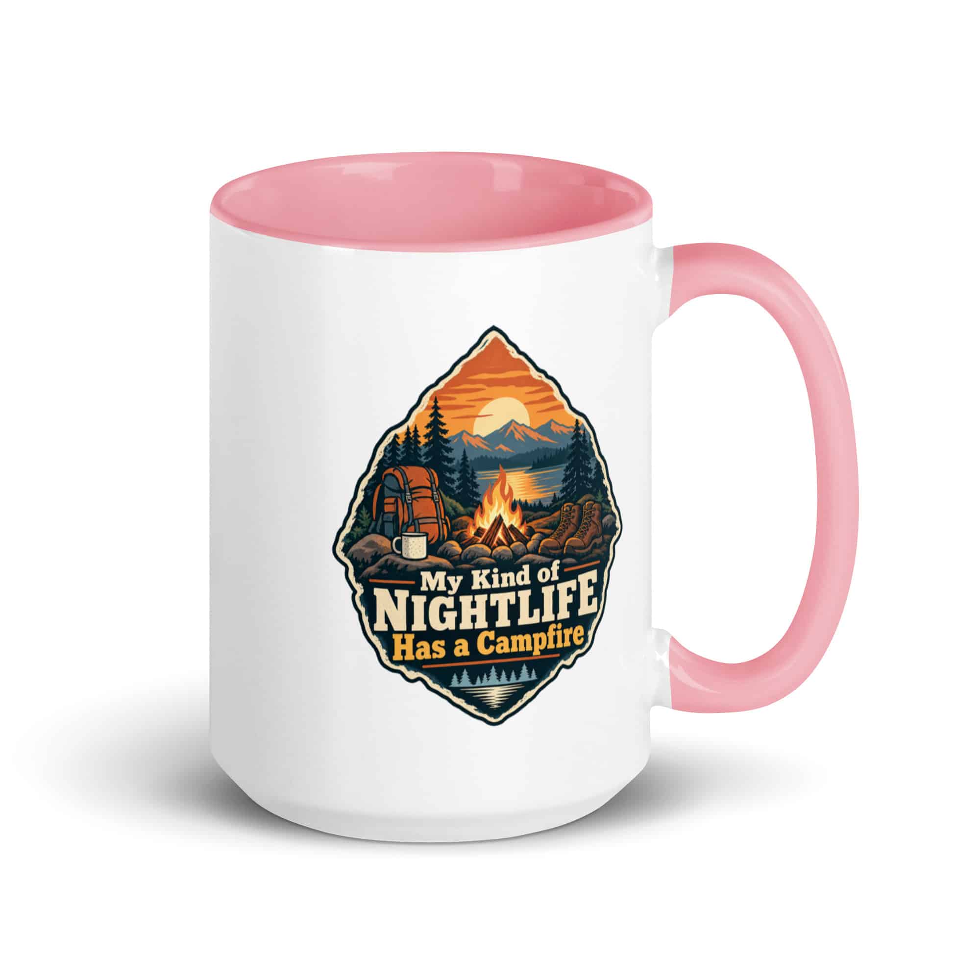 Nature and Adventure Color Inside Coffee Mug: My Kind of Nightlife Has a Campfire, Scenic Shield Badge