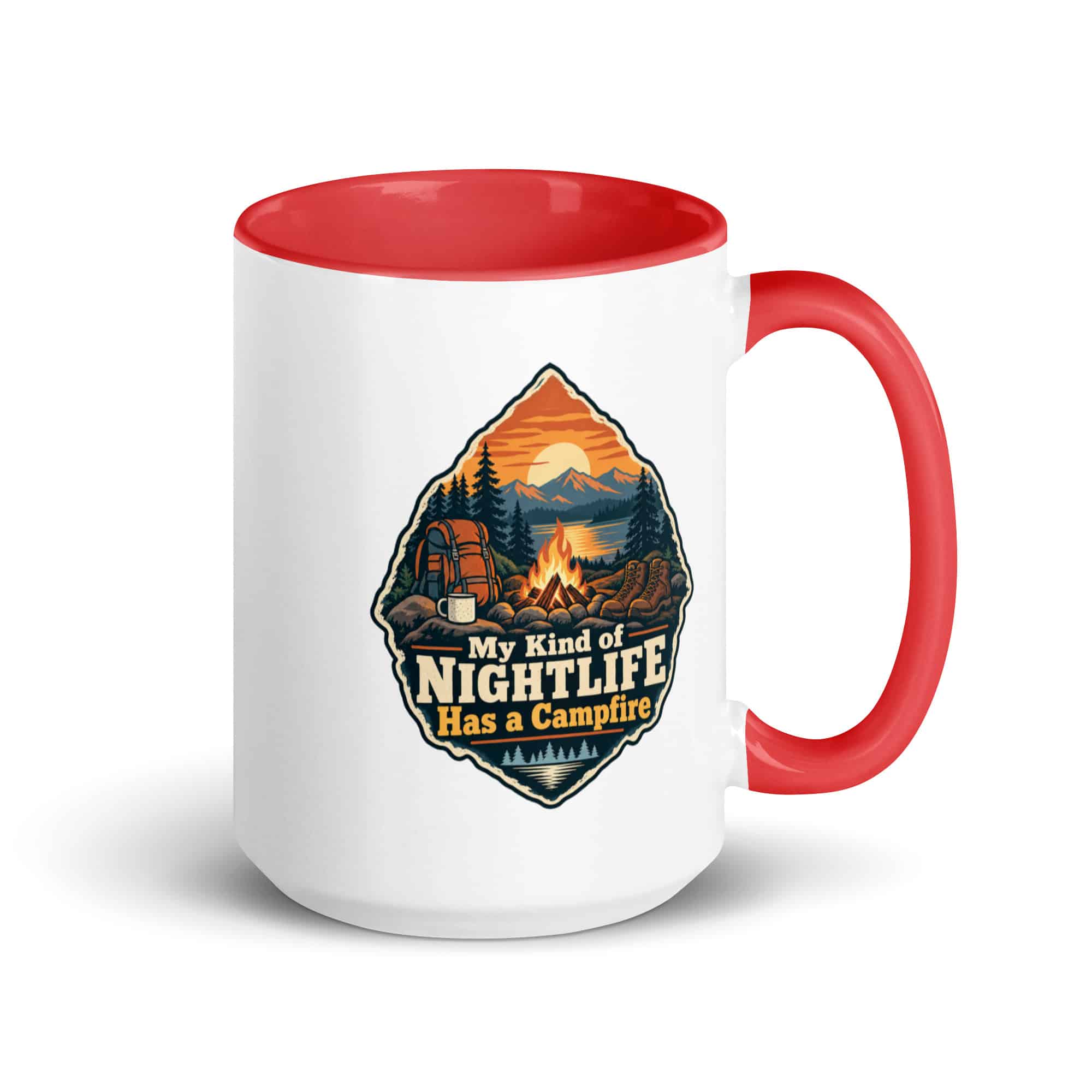 Nature and Adventure Color Inside Coffee Mug: My Kind of Nightlife Has a Campfire, Scenic Shield Badge