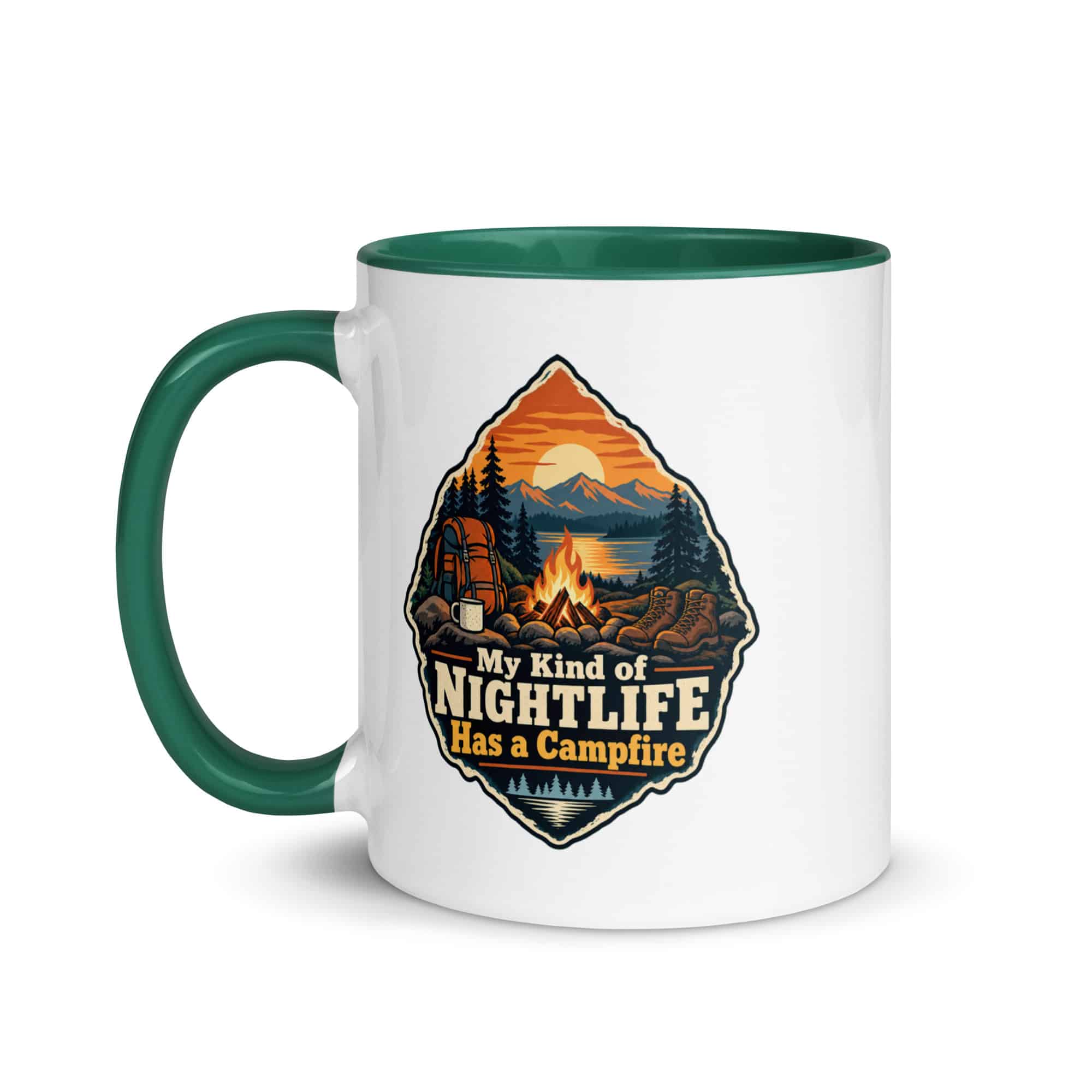 Nature and Adventure Color Inside Coffee Mug: My Kind of Nightlife Has a Campfire, Scenic Shield Badge
