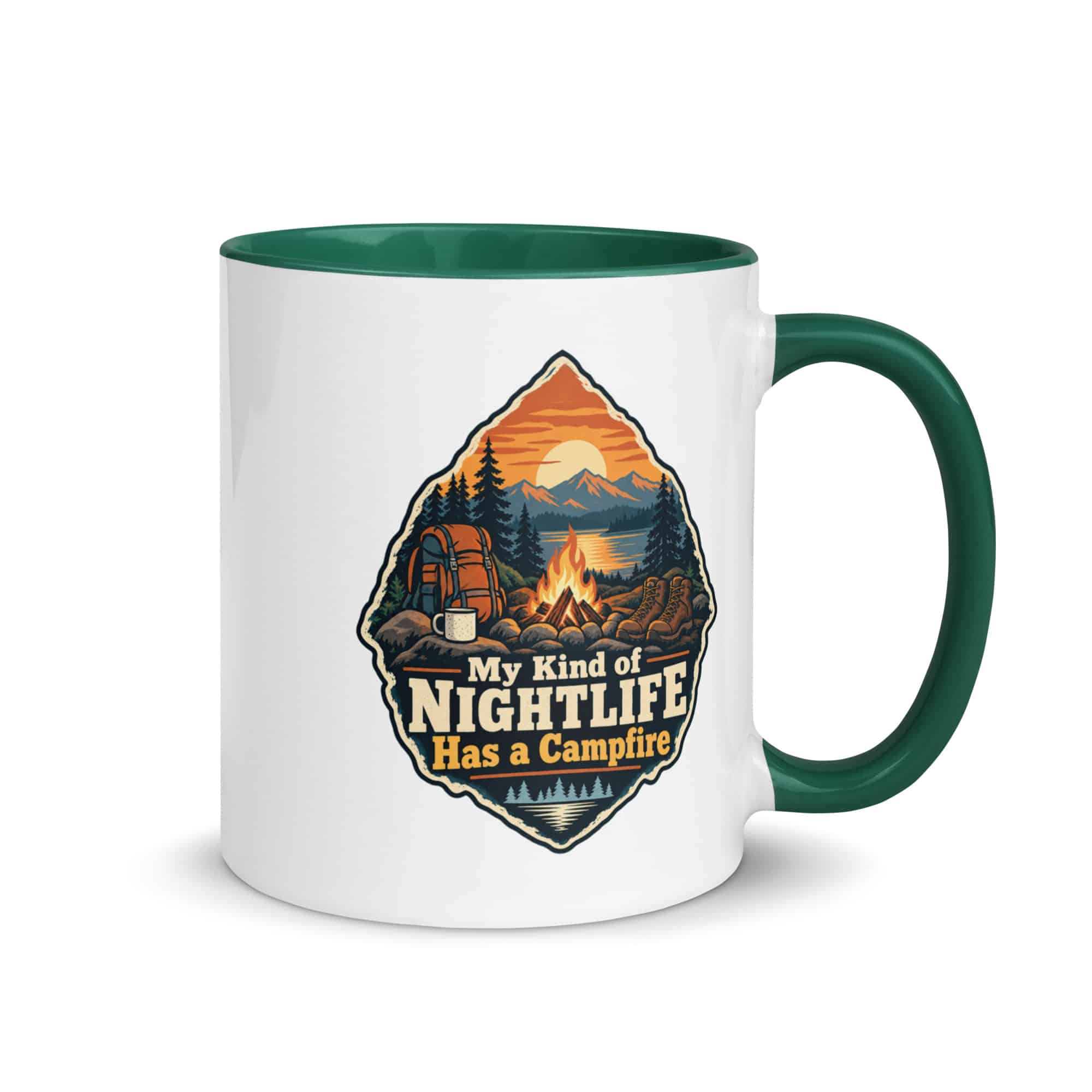 Nature and Adventure Color Inside Coffee Mug: My Kind of Nightlife Has a Campfire, Scenic Shield Badge