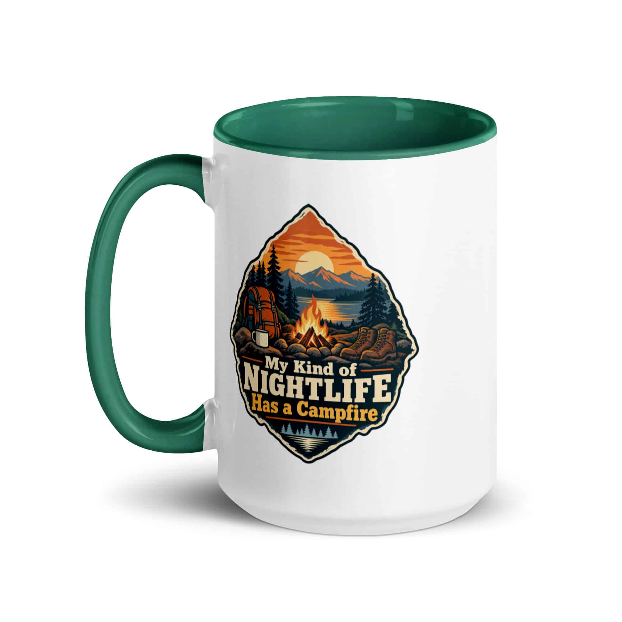 Nature and Adventure Color Inside Coffee Mug: My Kind of Nightlife Has a Campfire, Scenic Shield Badge