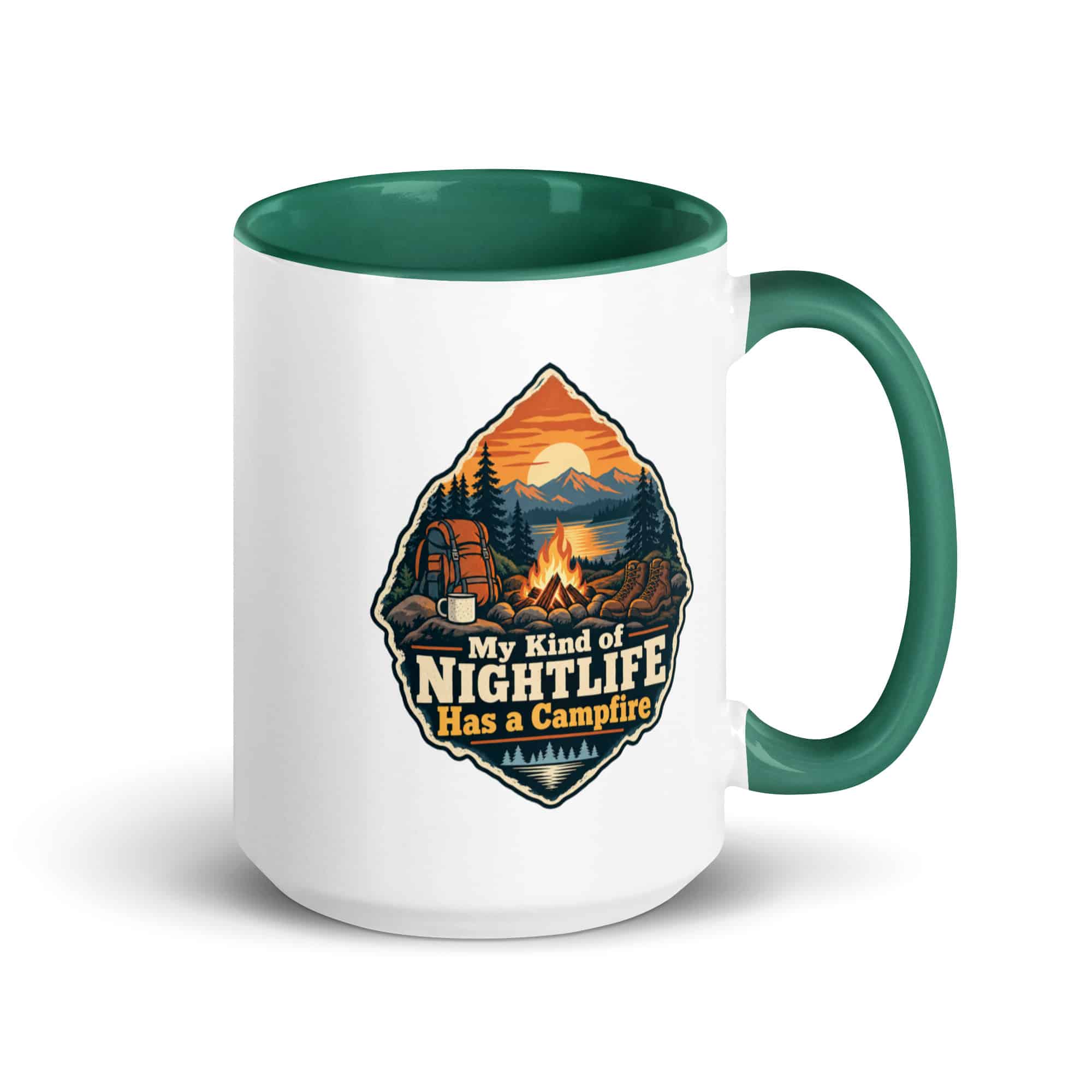 Nature and Adventure Color Inside Coffee Mug: My Kind of Nightlife Has a Campfire, Scenic Shield Badge