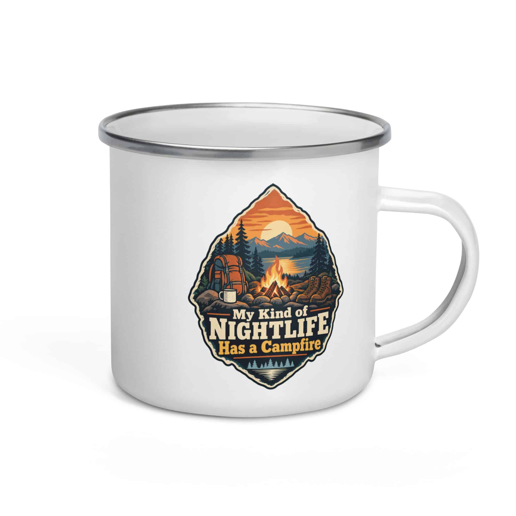 Nature and Adventure Enamel Camp Mug: My Kind of Nightlife Has a Campfire, Scenic Shield Badge