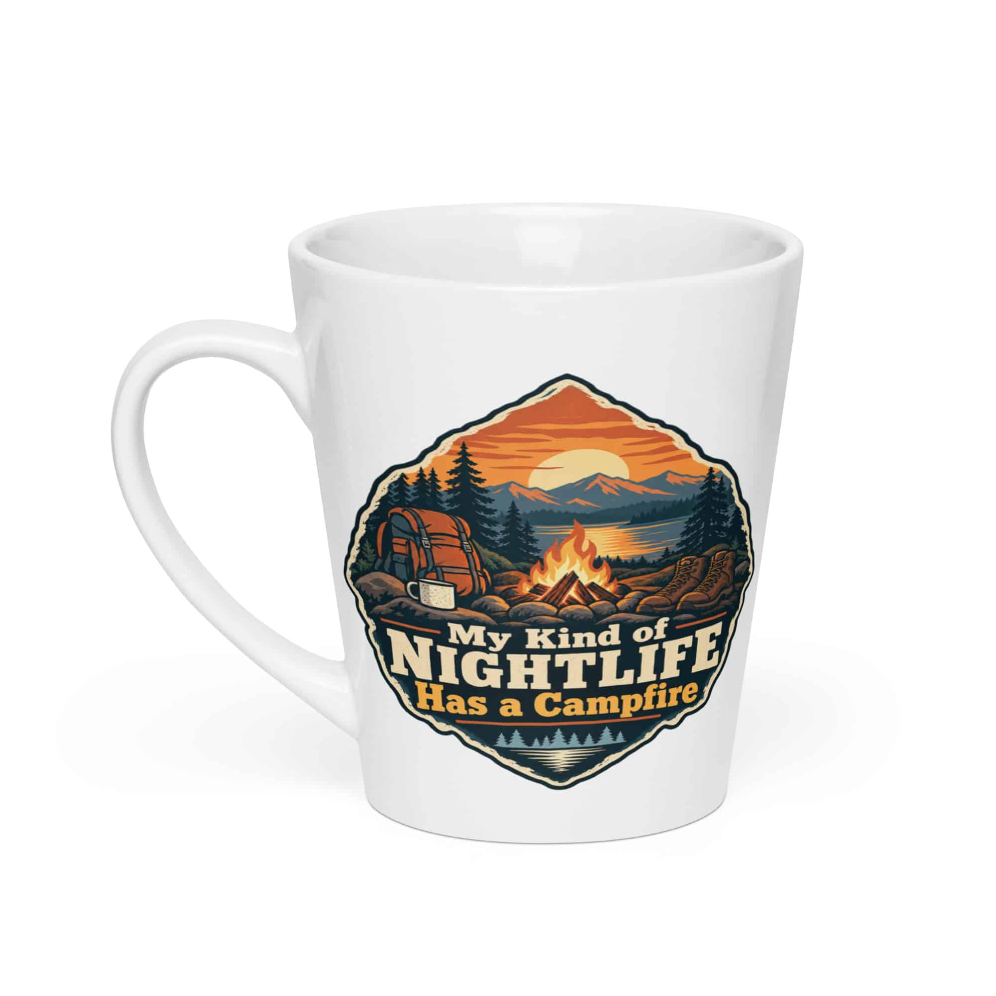 Nature and Adventure Latte Mug: My Kind of Nightlife Has a Campfire, Scenic Shield Badge