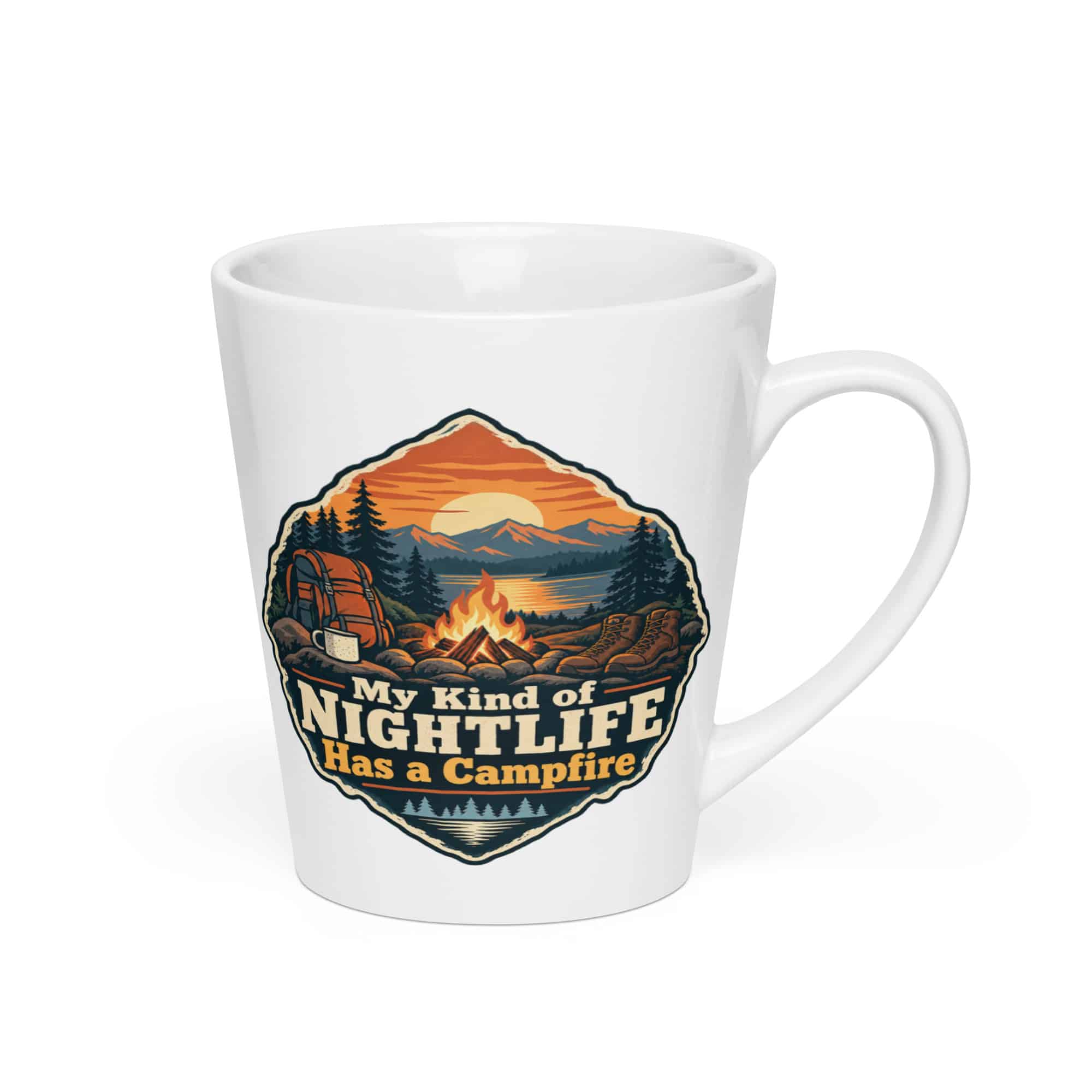 Nature and Adventure Latte Mug: My Kind of Nightlife Has a Campfire, Scenic Shield Badge