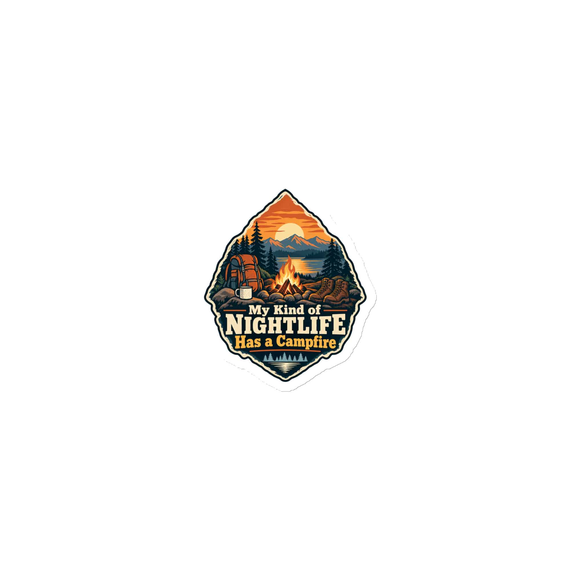 Nature and Adventure Die-Cut Magnet: My Kind of Nightlife Has a Campfire, Scenic Shield Badge
