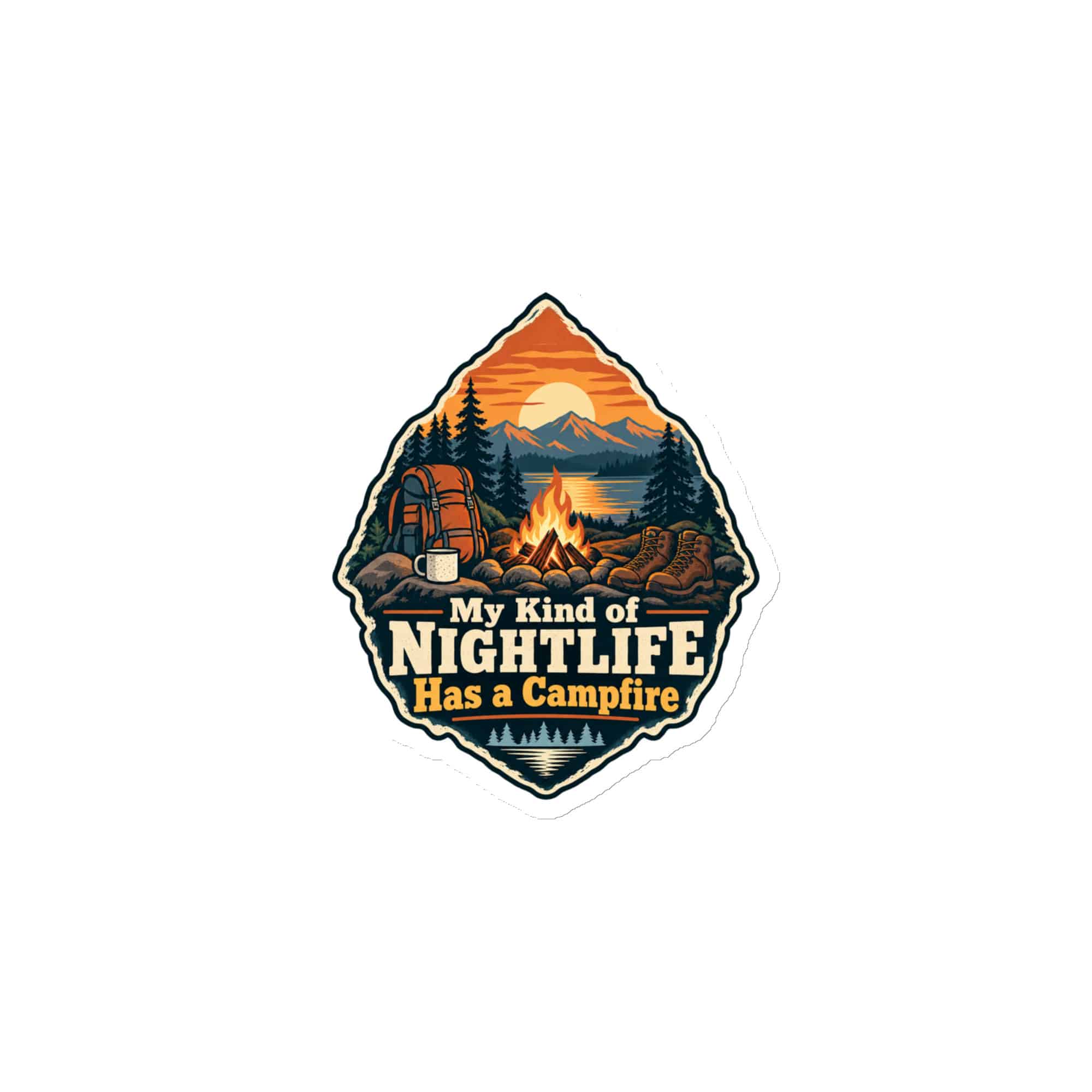 Nature and Adventure Die-Cut Magnet: My Kind of Nightlife Has a Campfire, Scenic Shield Badge