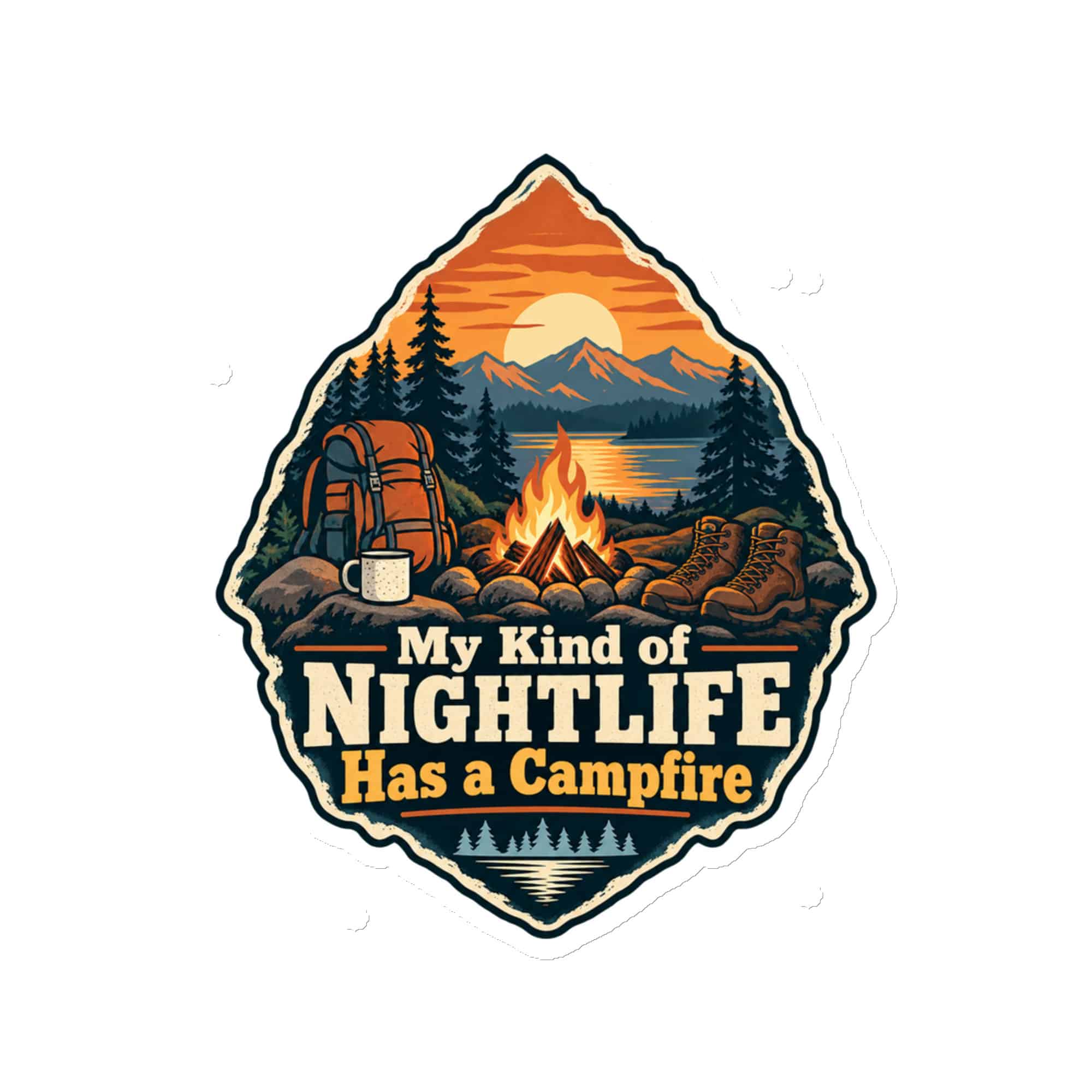 Nature and Adventure Die-Cut Magnet: My Kind of Nightlife Has a Campfire, Scenic Shield Badge