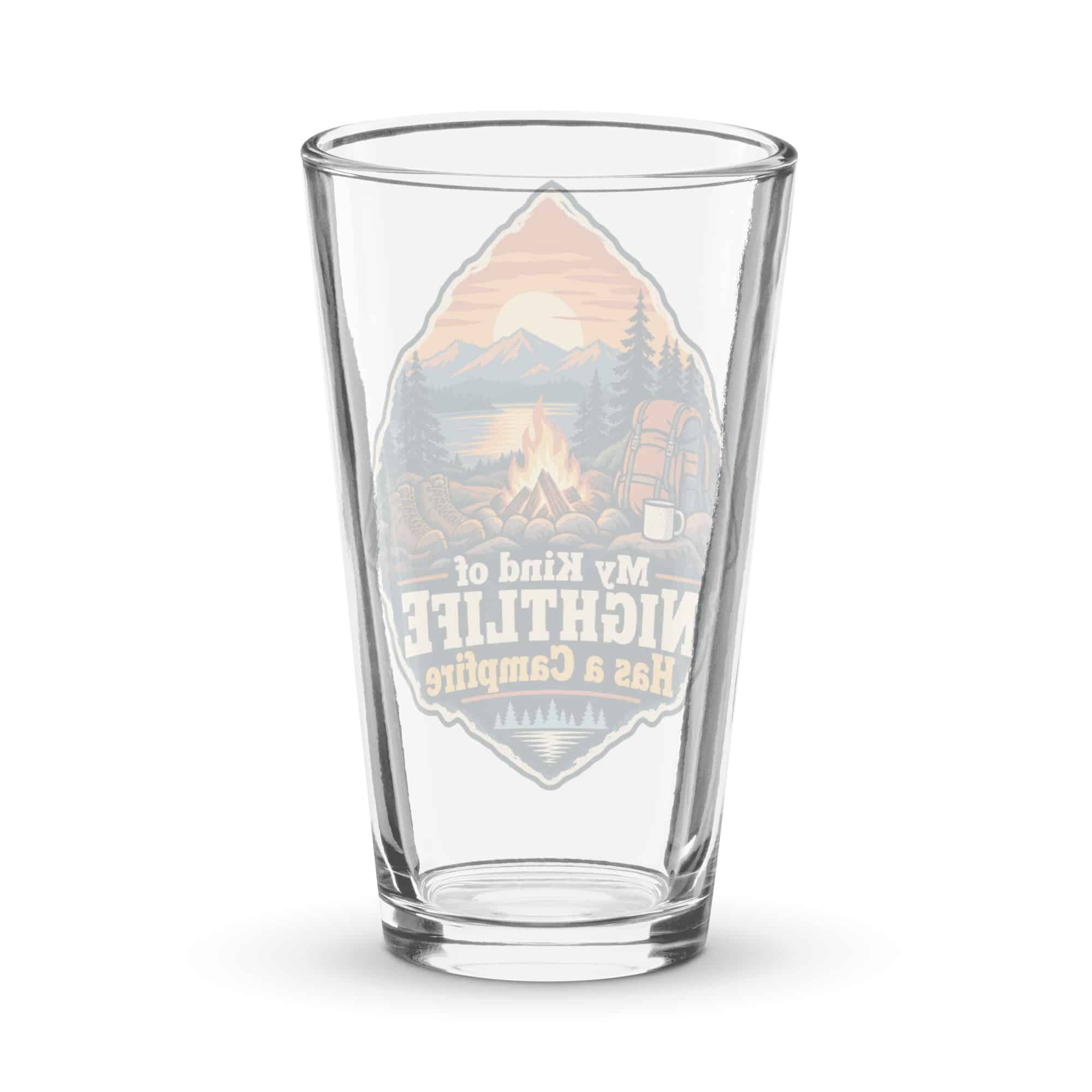 Nature and Adventure Pint Glass: My Kind of Nightlife Has a Campfire, Scenic Shield Badge