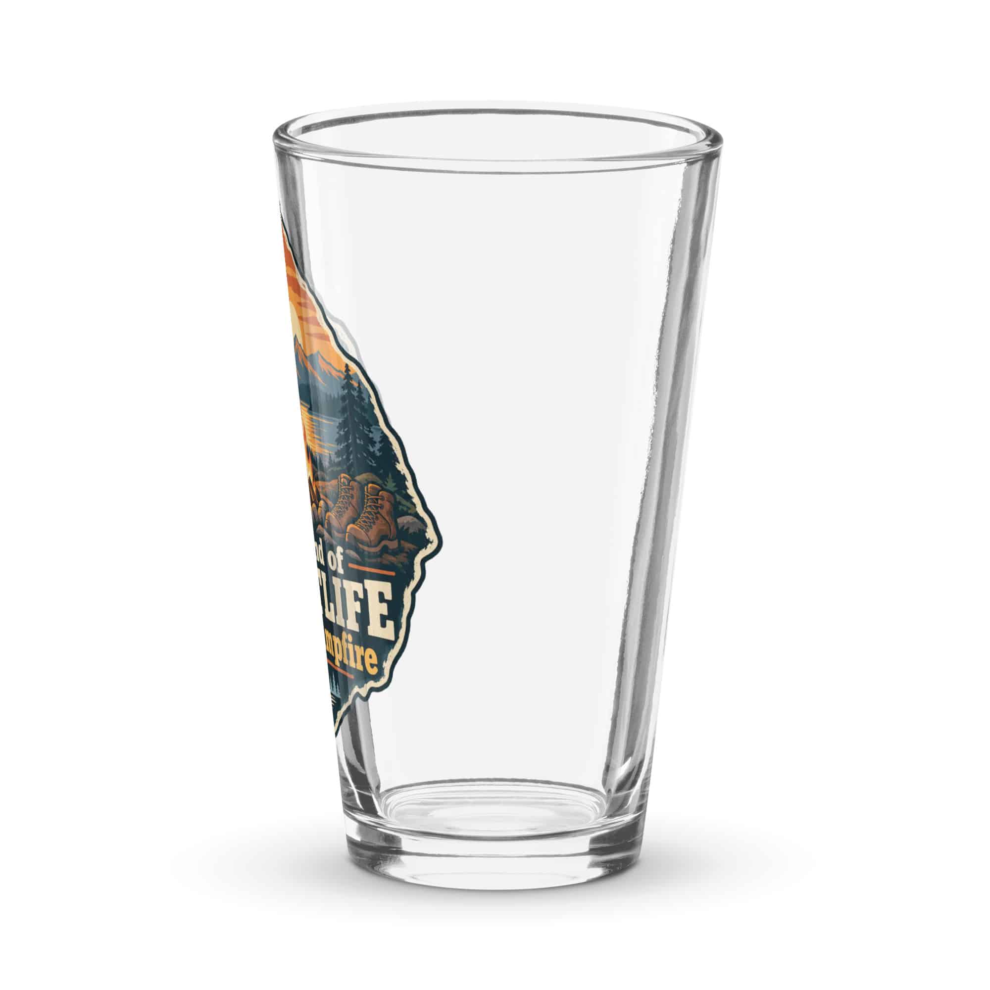 Nature and Adventure Pint Glass: My Kind of Nightlife Has a Campfire, Scenic Shield Badge