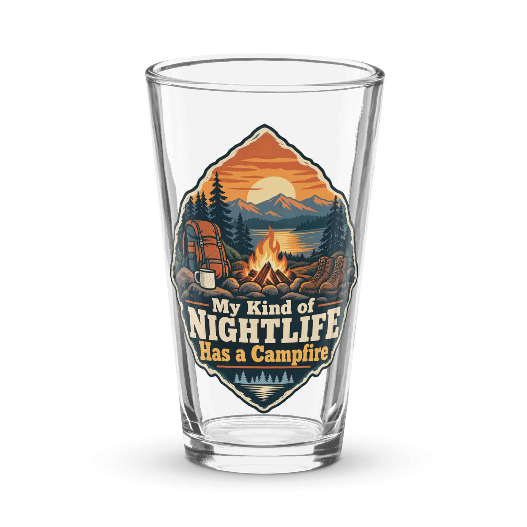 Nature and Adventure Pint Glass: My Kind of Nightlife Has a Campfire, Scenic Shield Badge