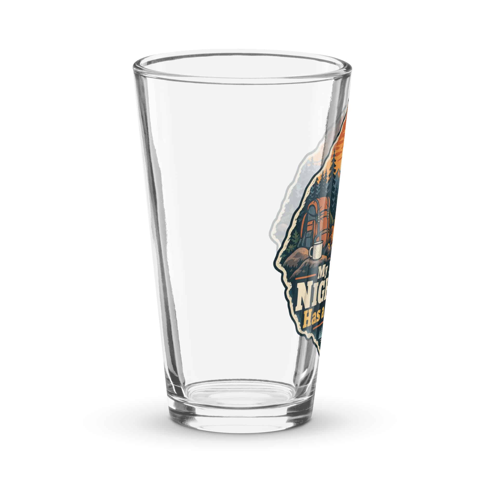 Nature and Adventure Pint Glass: My Kind of Nightlife Has a Campfire, Scenic Shield Badge