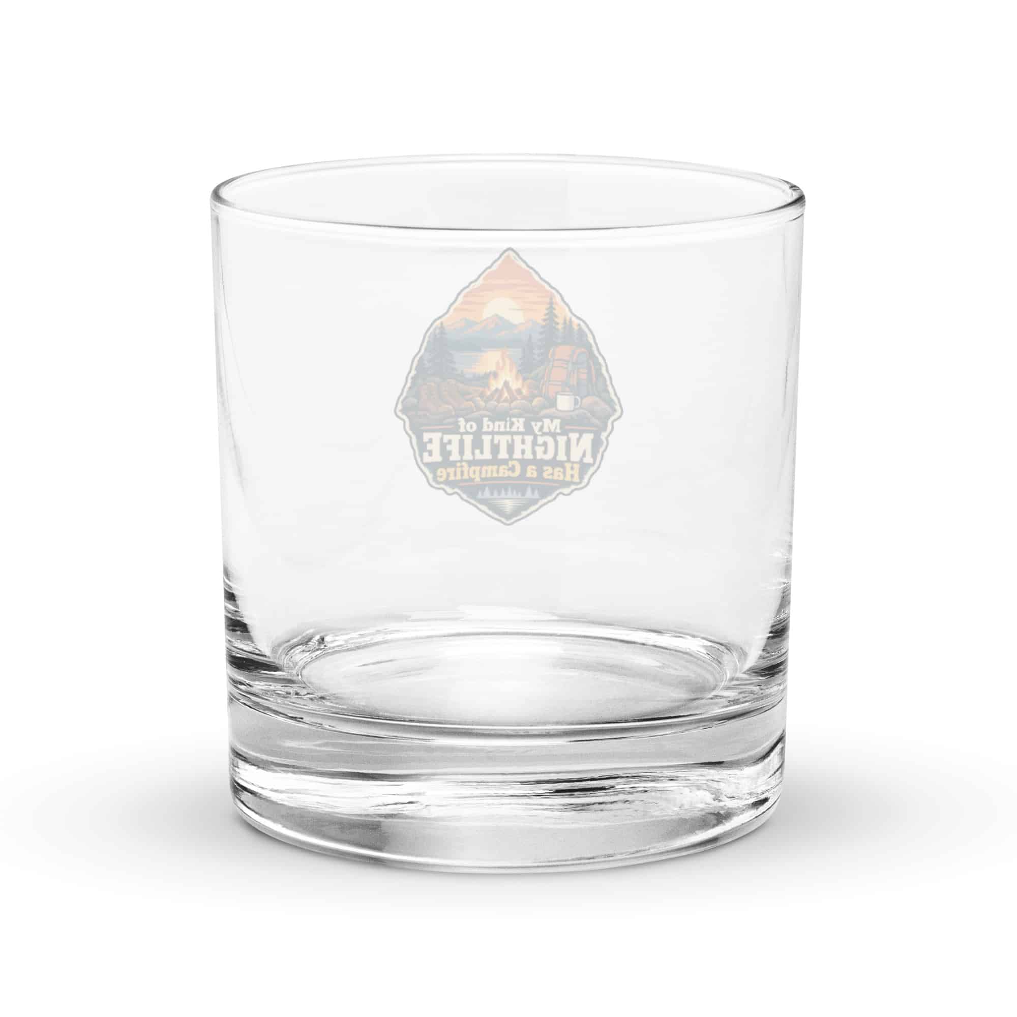 Nature and Adventure Rocks Glass: My Kind of Nightlife Has a Campfire, Scenic Shield Badge