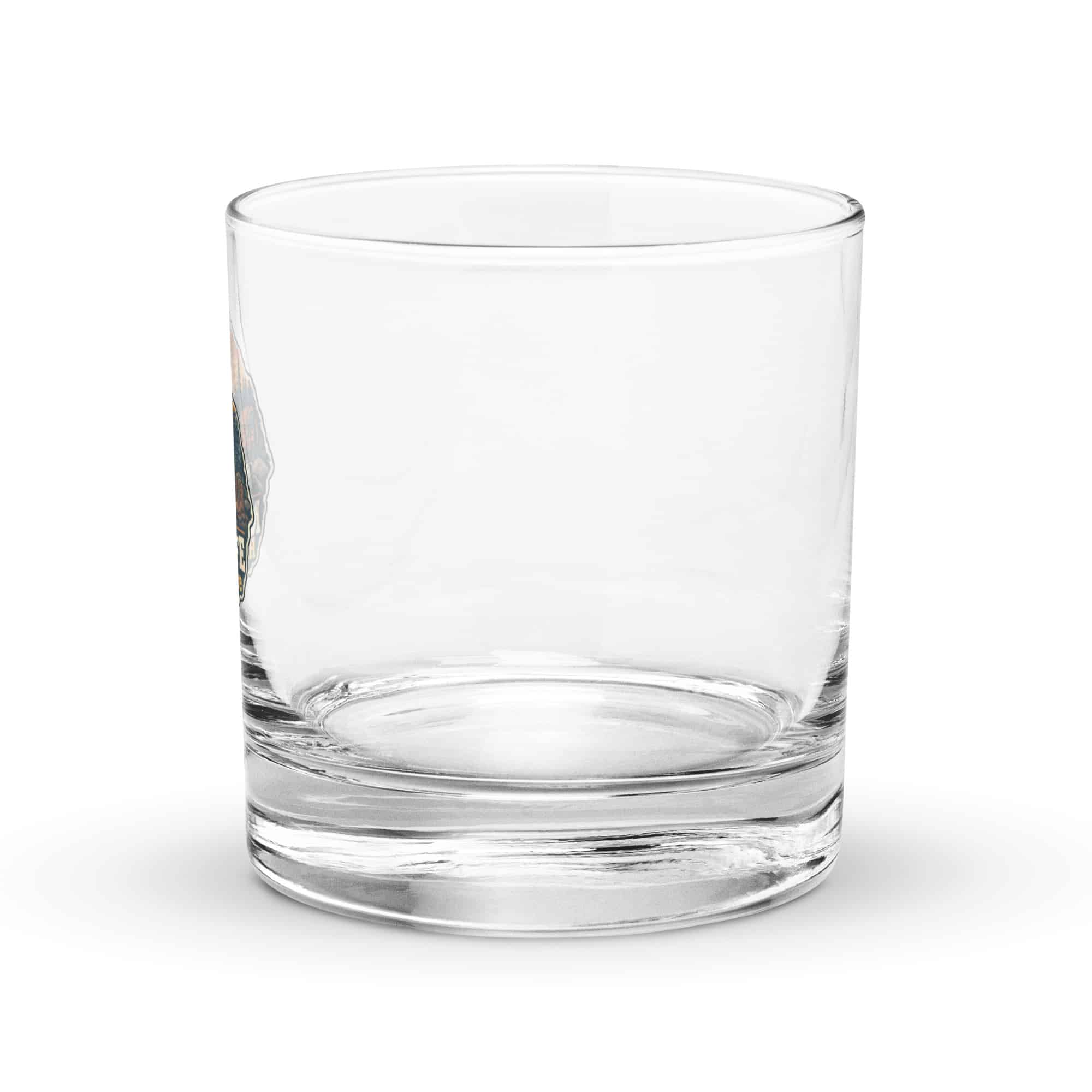 Nature and Adventure Rocks Glass: My Kind of Nightlife Has a Campfire, Scenic Shield Badge