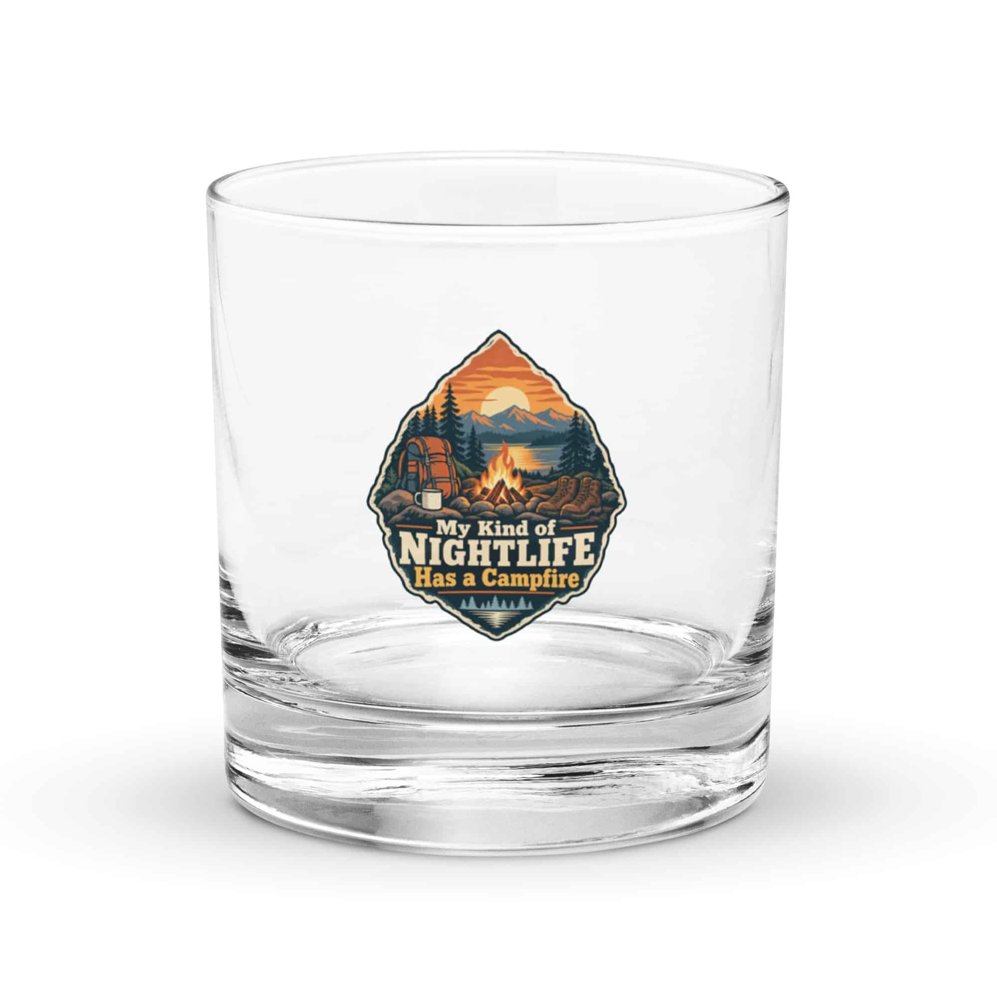 Nature and Adventure Rocks Glass: My Kind of Nightlife Has a Campfire, Scenic Shield Badge