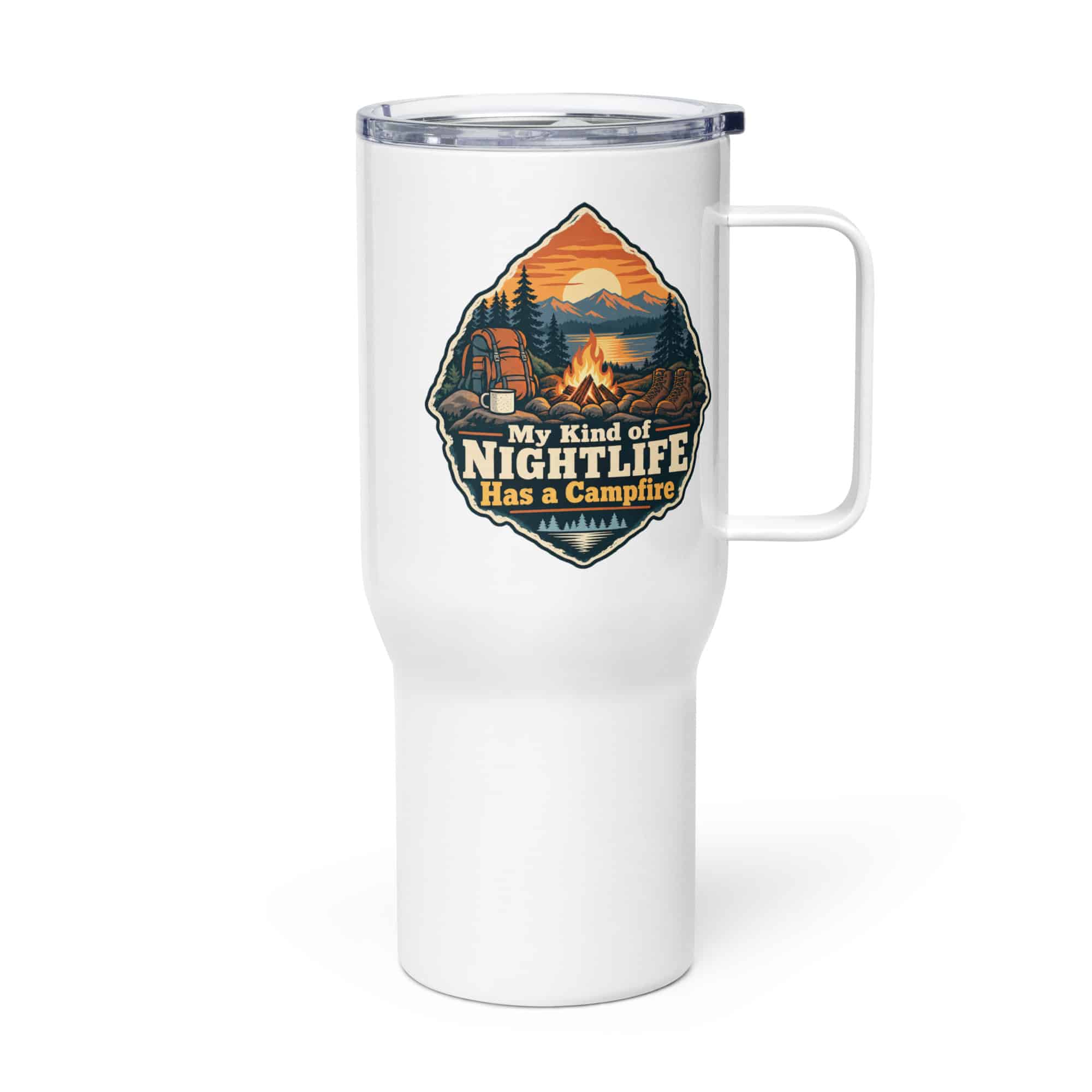 Nature and Adventure Travel Mug: My Kind of Nightlife Has a Campfire, Scenic Shield Badge