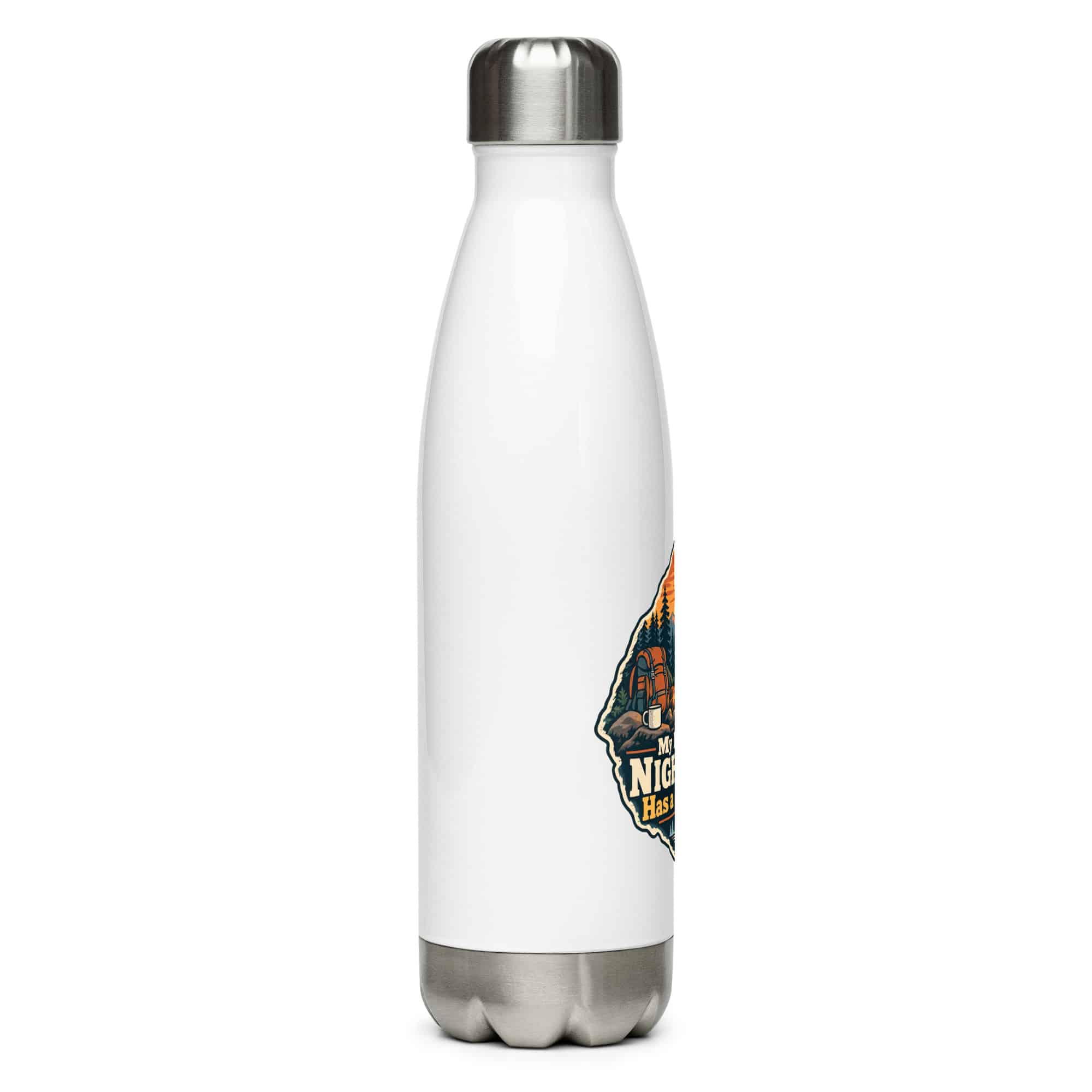 Nature and Adventure Stainless Steel Water Bottle: My Kind of Nightlife Has a Campfire, Scenic Shield Badge