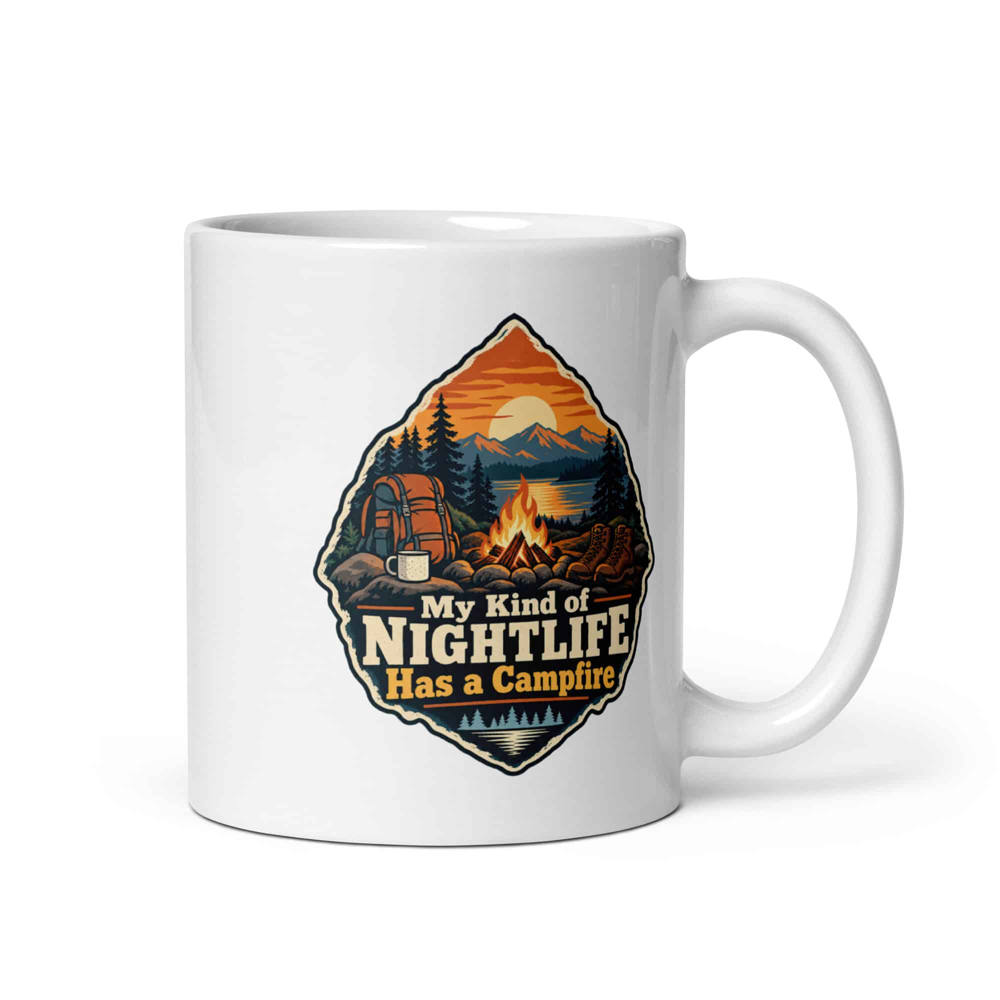 Nature and Adventure White Ceramic Coffee Mug: My Kind of Nightlife Has a Campfire, Scenic Shield Badge