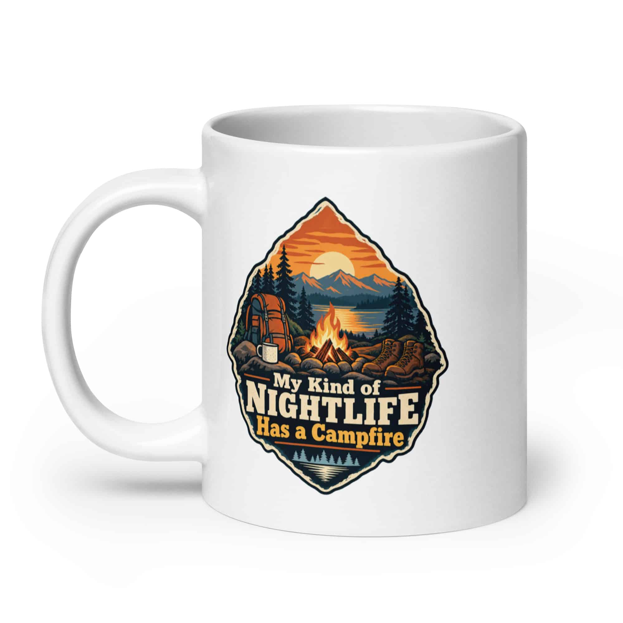 Nature and Adventure White Ceramic Coffee Mug: My Kind of Nightlife Has a Campfire, Scenic Shield Badge