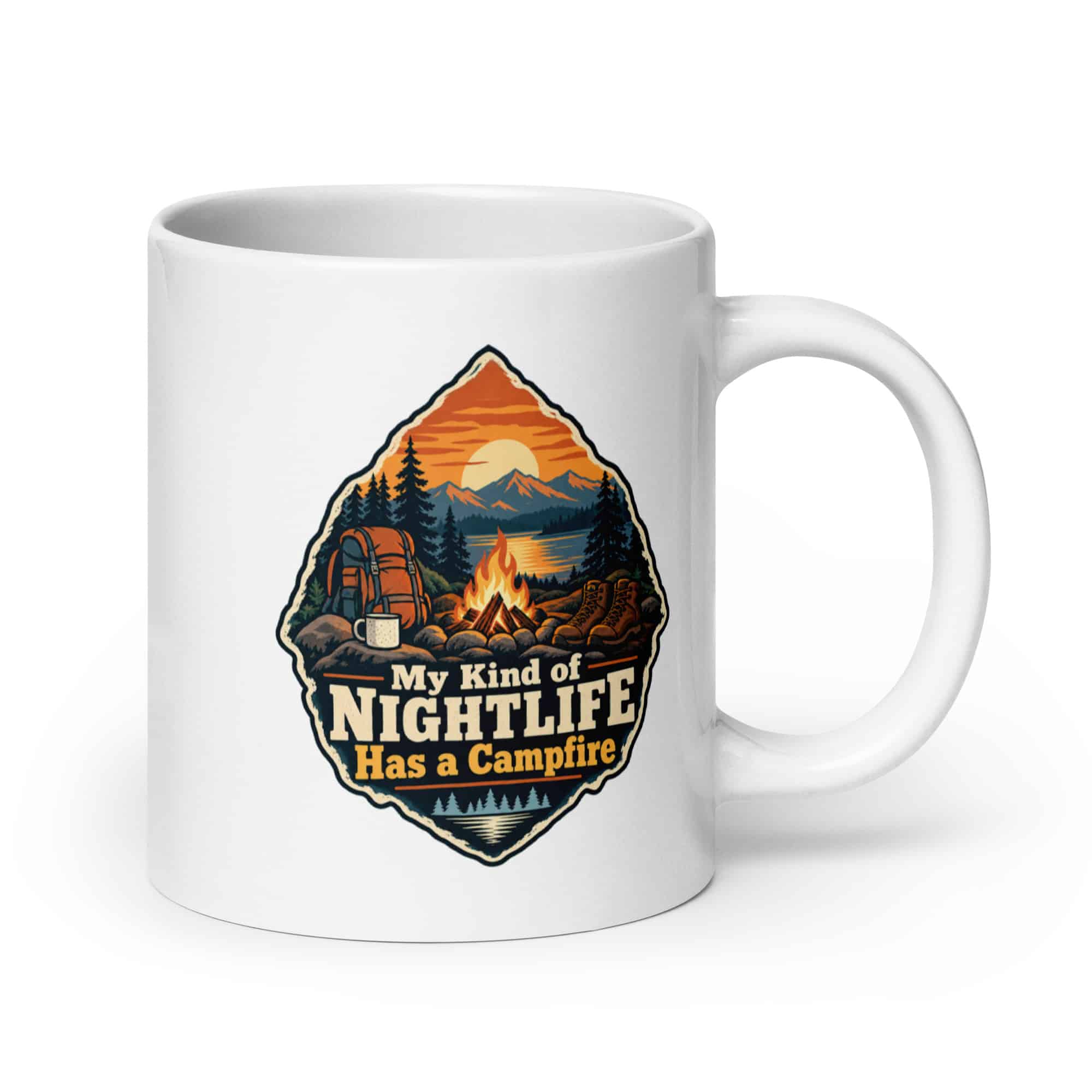 Nature and Adventure White Ceramic Coffee Mug: My Kind of Nightlife Has a Campfire, Scenic Shield Badge