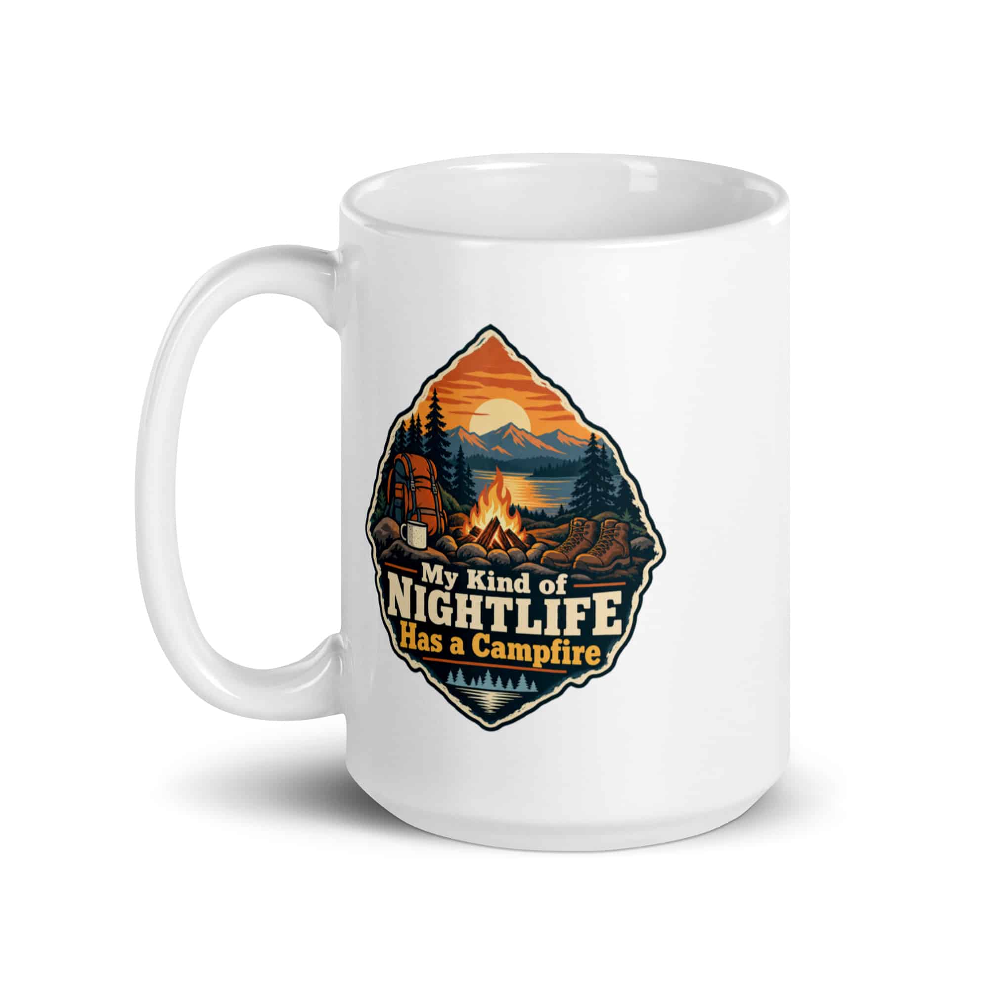 Nature and Adventure White Ceramic Coffee Mug: My Kind of Nightlife Has a Campfire, Scenic Shield Badge