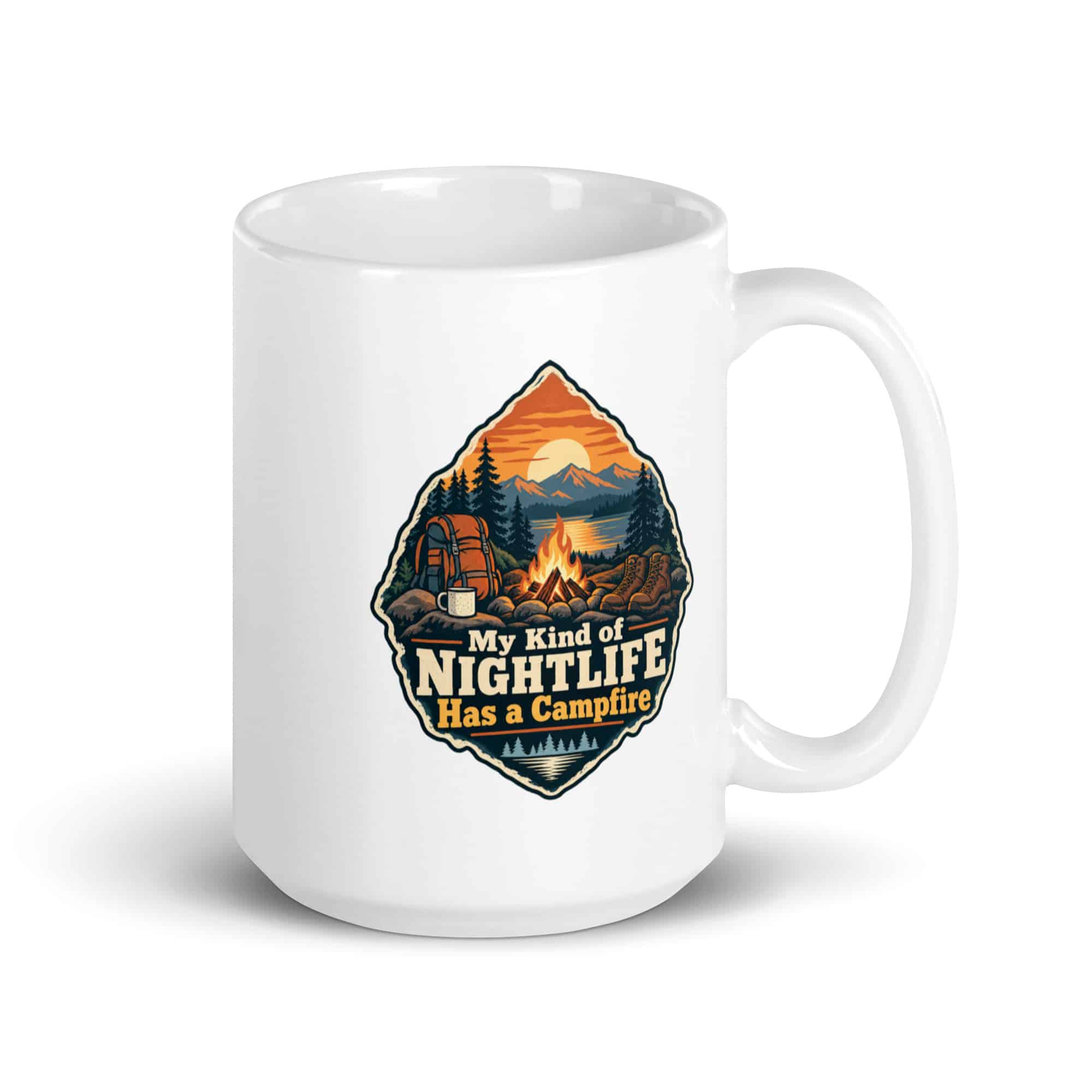Nature and Adventure White Ceramic Coffee Mug: My Kind of Nightlife Has a Campfire, Scenic Shield Badge