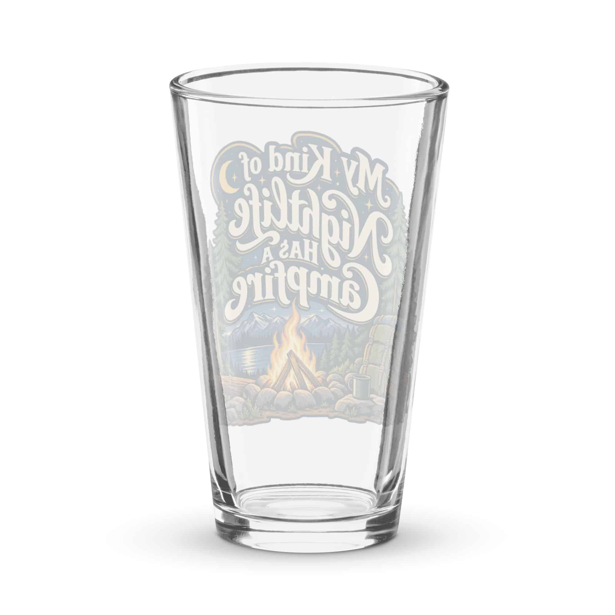 Nature and Adventure Pint Glass: My Kind of Nightlife Has a Campfire, Woodland Scenic Lettering