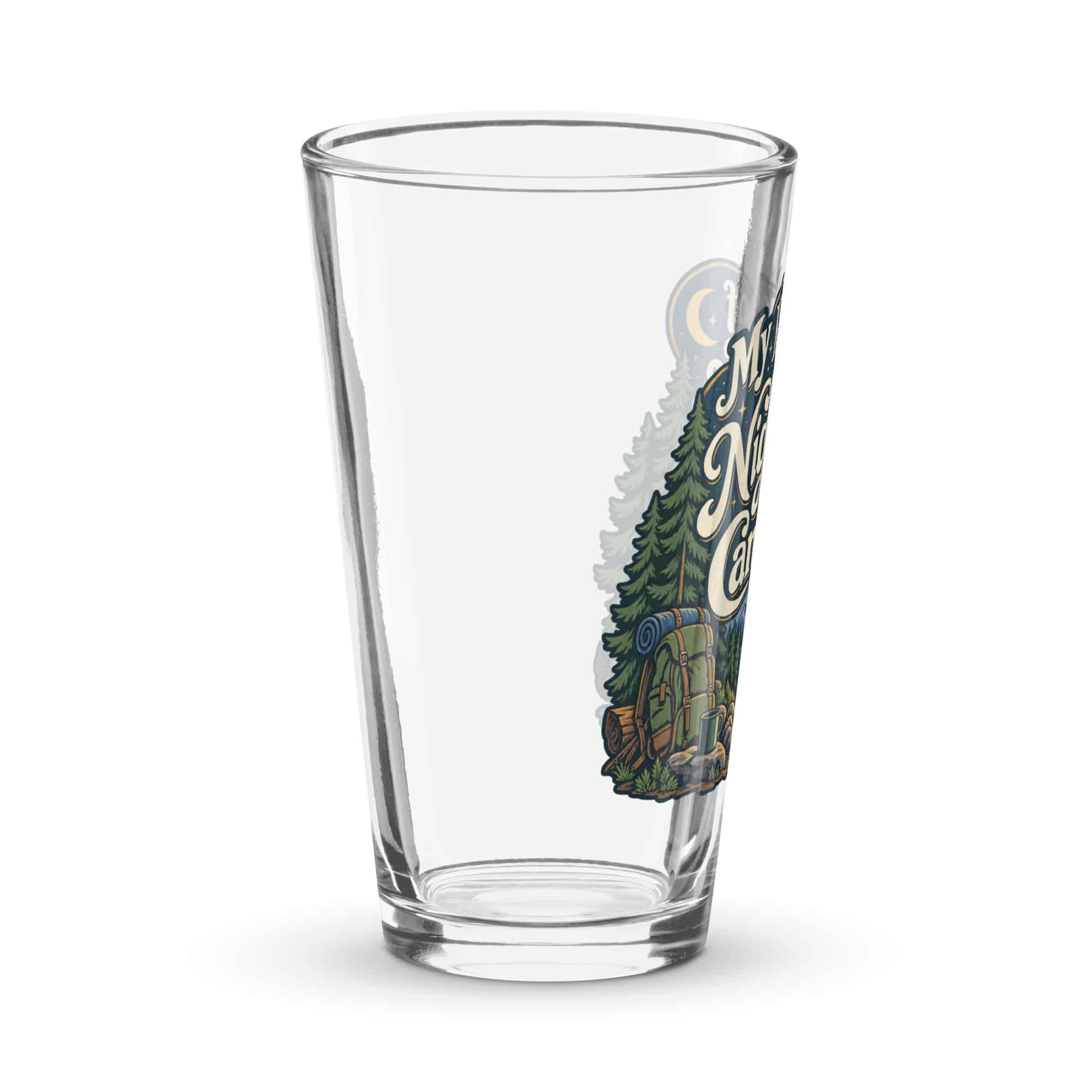 Nature and Adventure Pint Glass: My Kind of Nightlife Has a Campfire, Woodland Scenic Lettering
