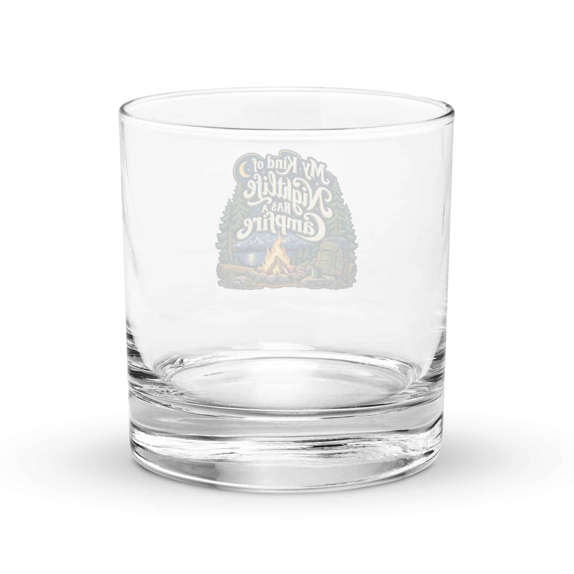 Nature and Adventure Rocks Glass: My Kind of Nightlife Has a Campfire, Woodland Scenic Lettering