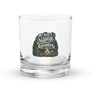 Nature and Adventure Rocks Glass: My Kind of Nightlife Has a Campfire, Woodland Scenic Lettering - 10.5 oz - Main