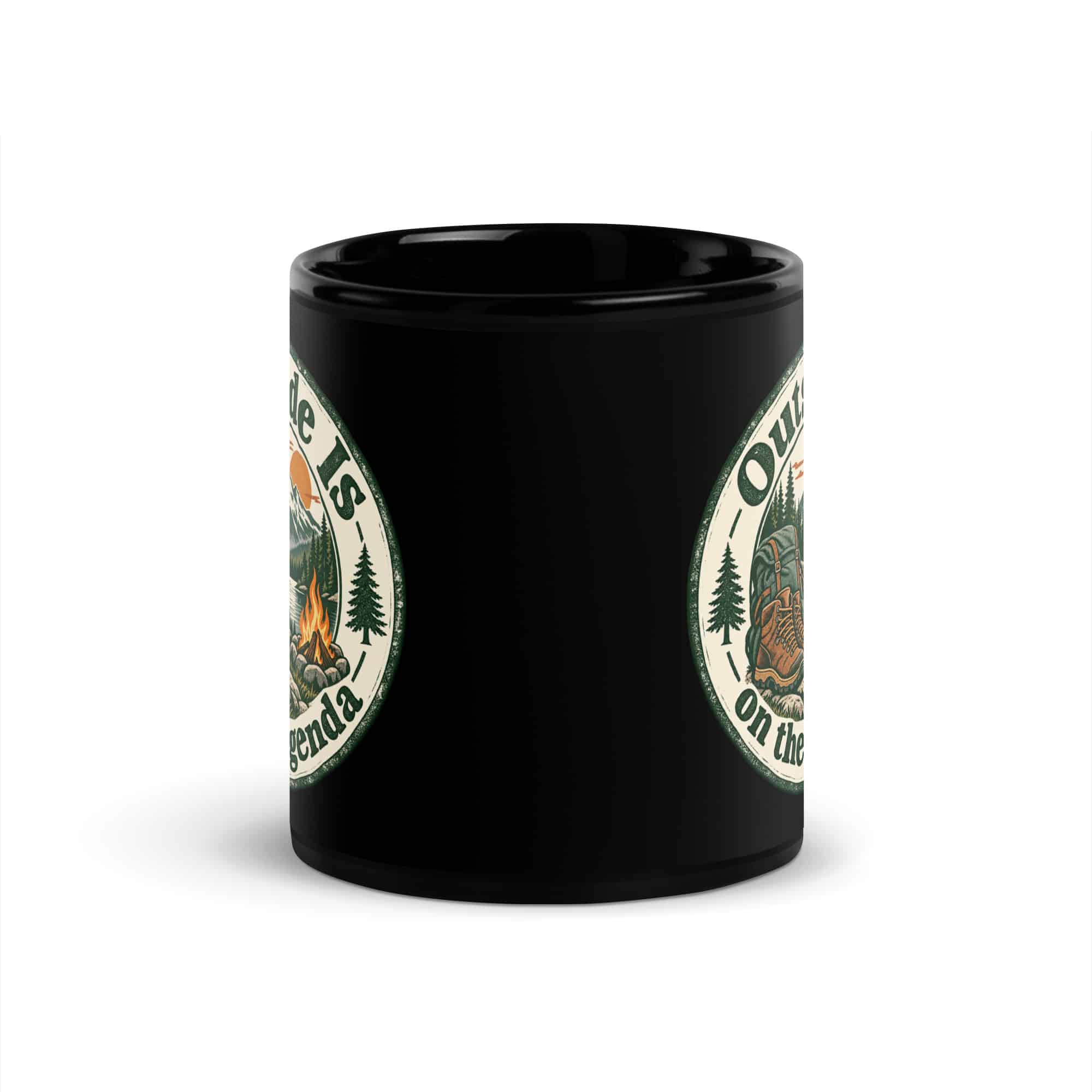 Nature and Adventure Black Coffee Mug: Outside Is on the Agenda, Vintage Round Badge