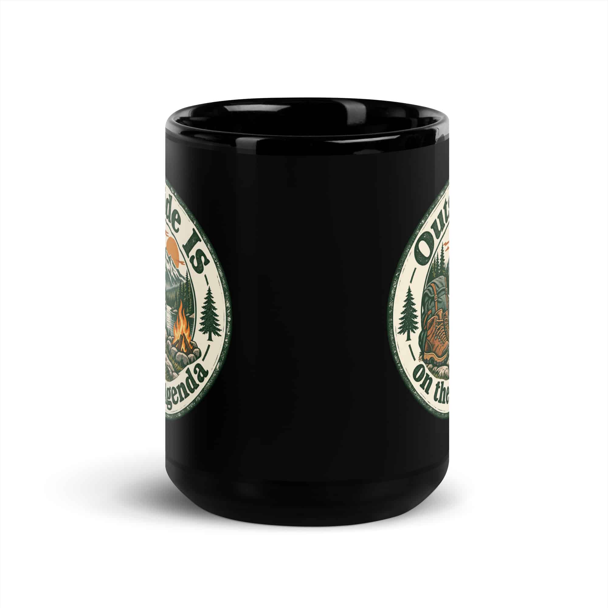Nature and Adventure Black Coffee Mug: Outside Is on the Agenda, Vintage Round Badge