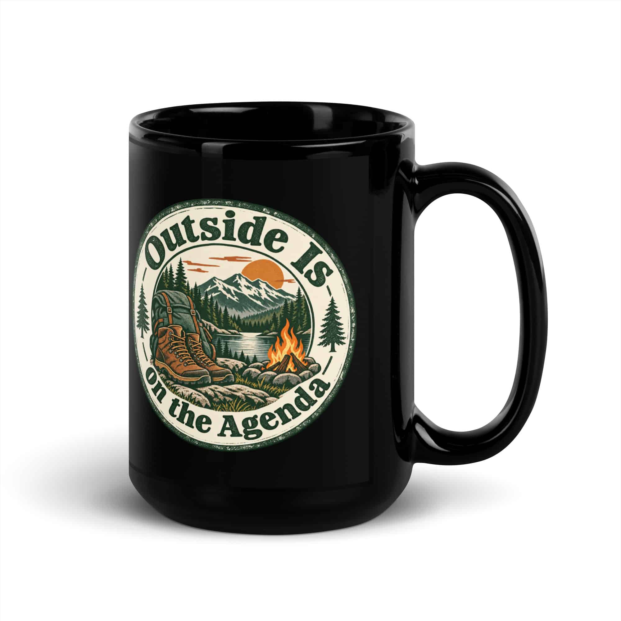 Nature and Adventure Black Coffee Mug: Outside Is on the Agenda, Vintage Round Badge