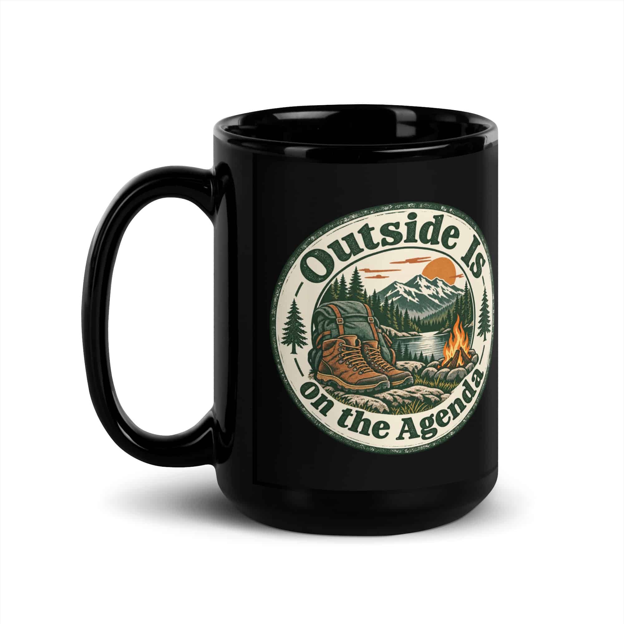 Nature and Adventure Black Coffee Mug: Outside Is on the Agenda, Vintage Round Badge