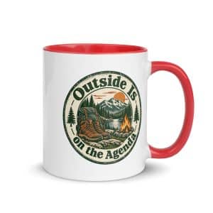 Nature and Adventure Color Inside Coffee Mug: Outside Is on the Agenda, Vintage Round Badge - 11 oz - Main