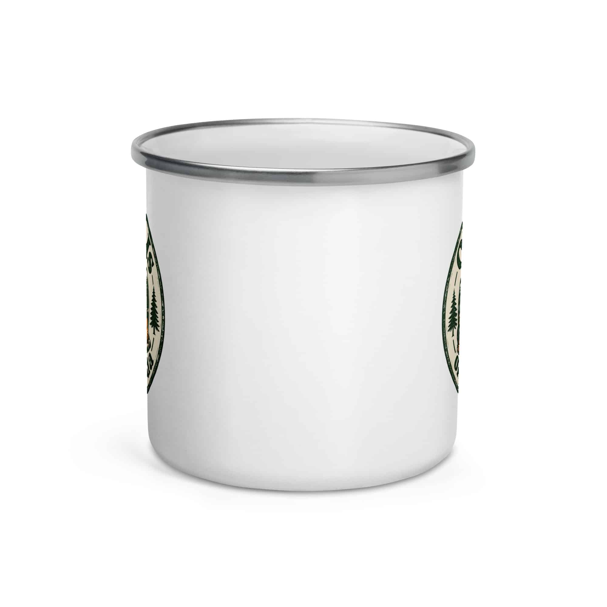 Nature and Adventure Enamel Camp Mug: Outside Is on the Agenda, Vintage Round Badge