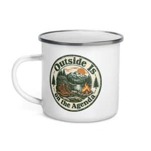 Nature and Adventure Enamel Camp Mug: Outside Is on the Agenda, Vintage Round Badge - 12 oz - Left