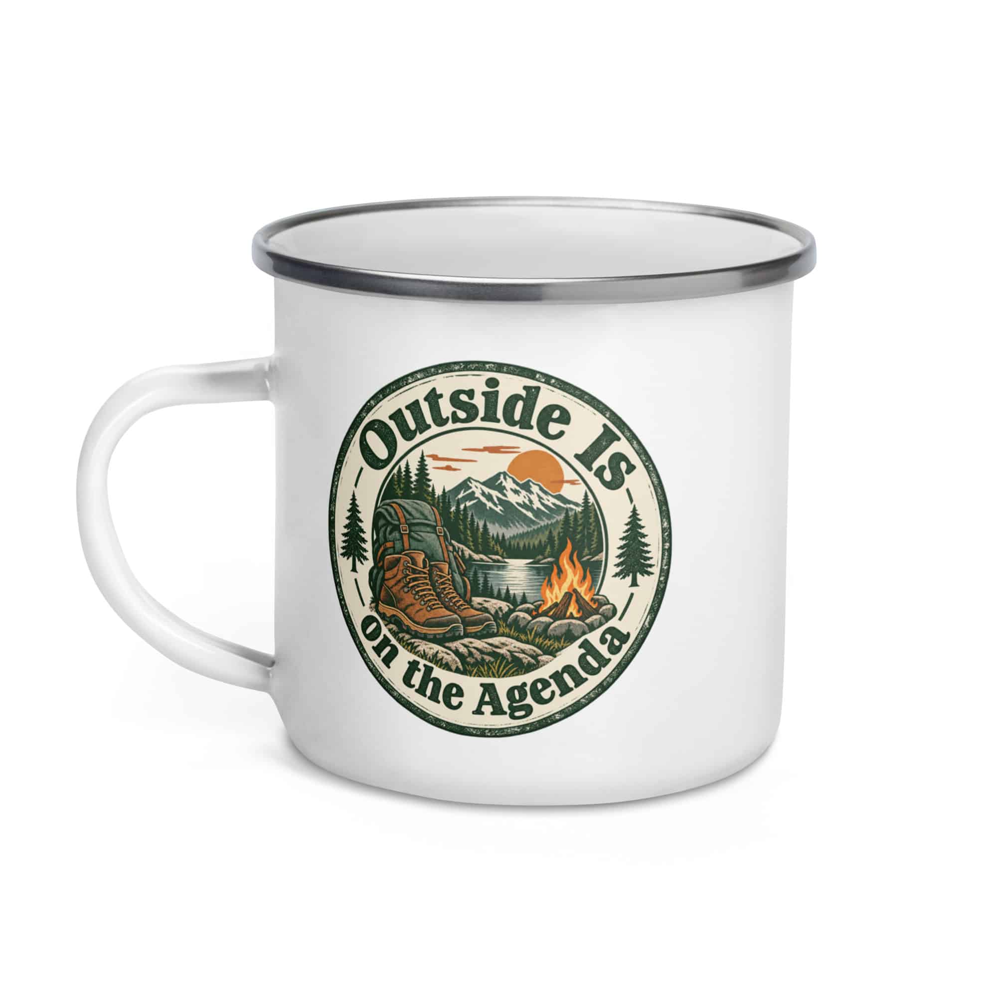 Nature and Adventure Enamel Camp Mug: Outside Is on the Agenda, Vintage Round Badge