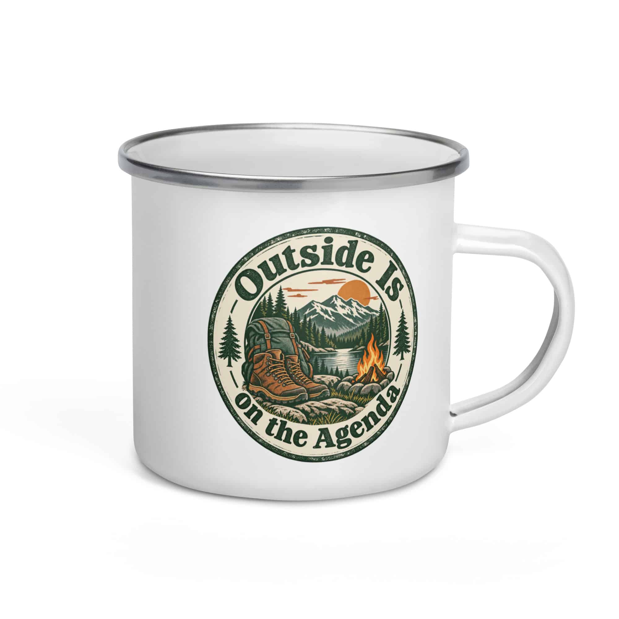 Nature and Adventure Enamel Camp Mug: Outside Is on the Agenda, Vintage Round Badge
