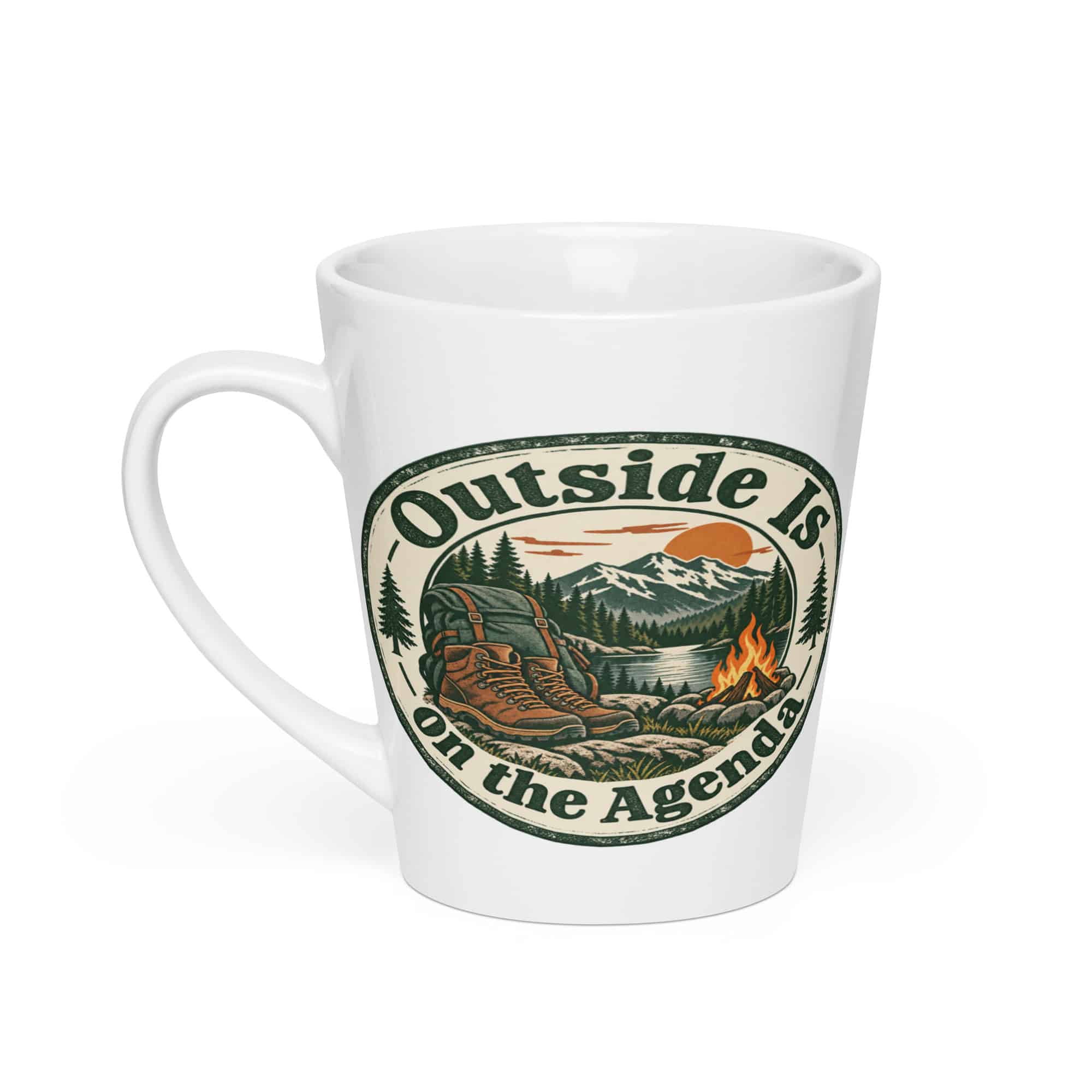 Nature and Adventure Latte Mug: Outside Is on the Agenda, Vintage Round Badge