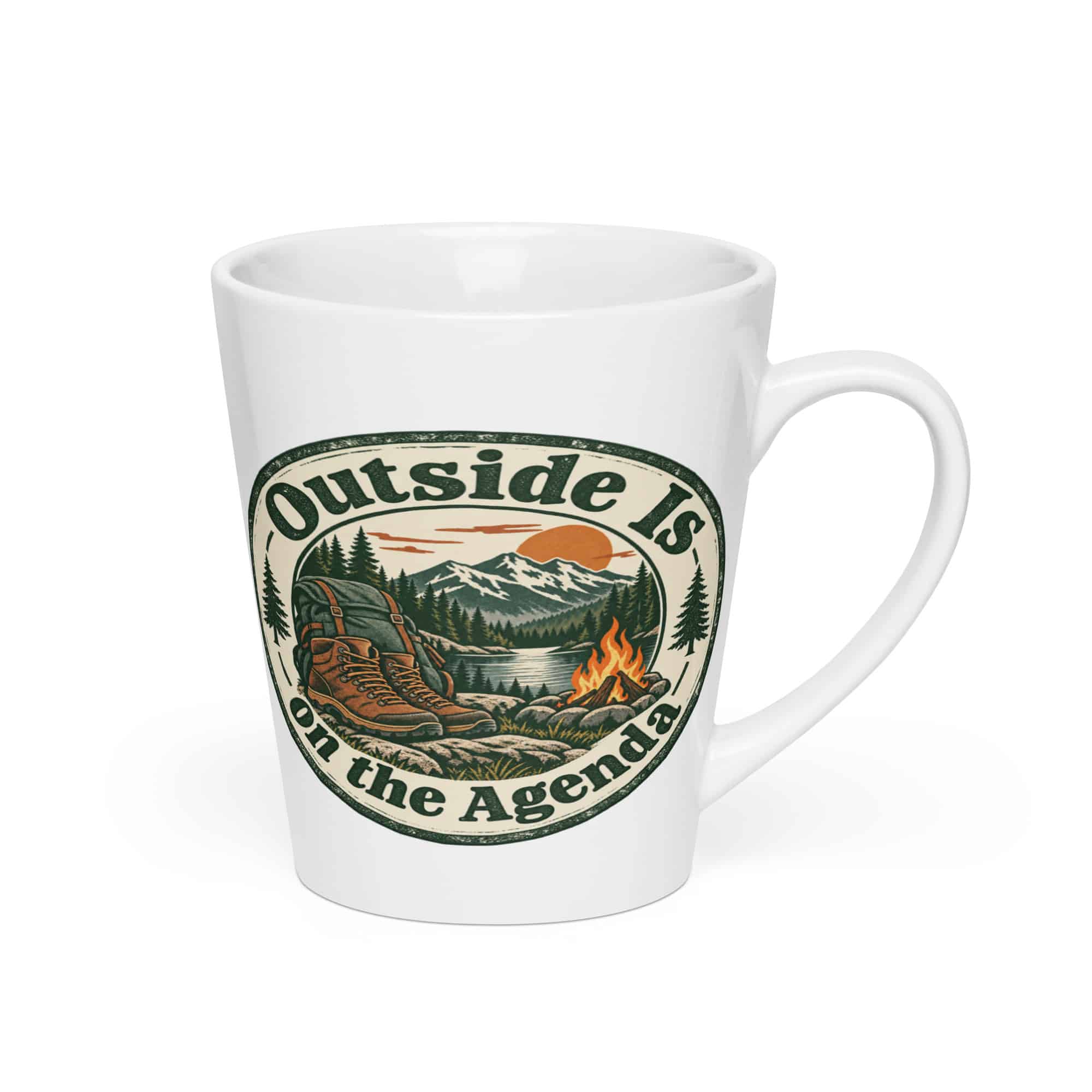 Nature and Adventure Latte Mug: Outside Is on the Agenda, Vintage Round Badge