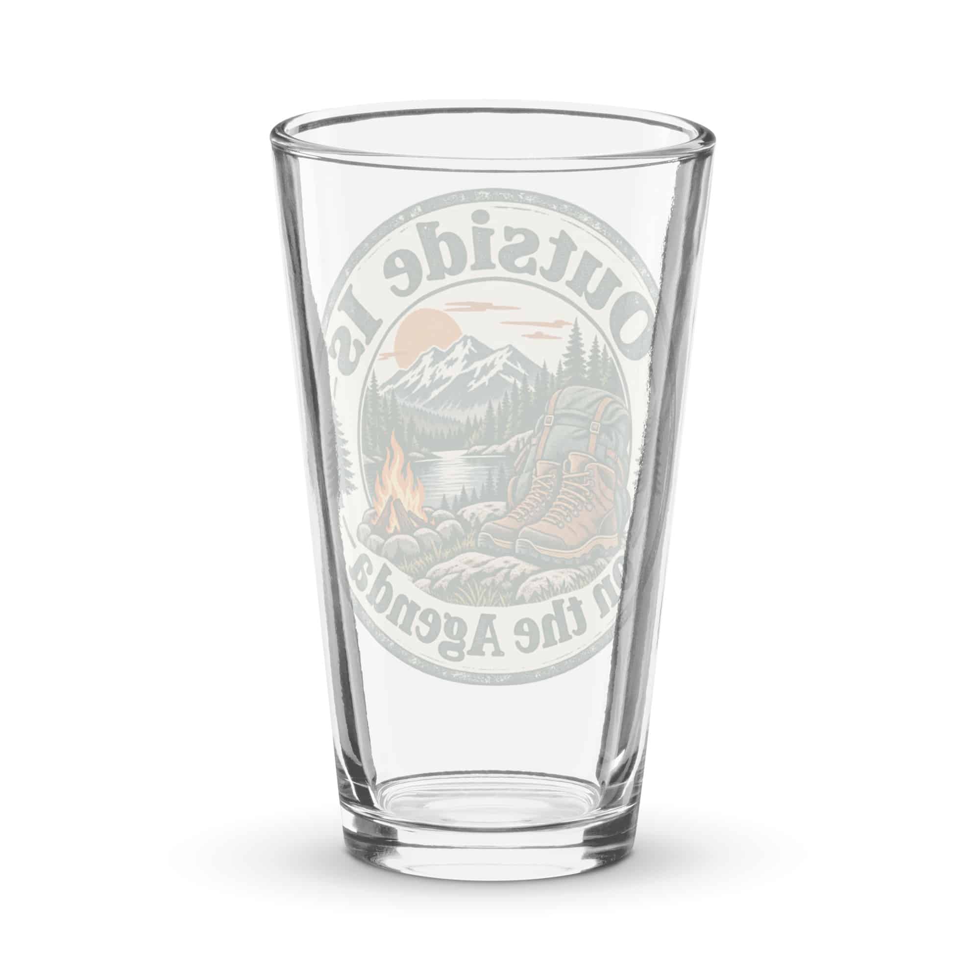 Nature and Adventure Pint Glass: Outside Is on the Agenda, Vintage Round Badge