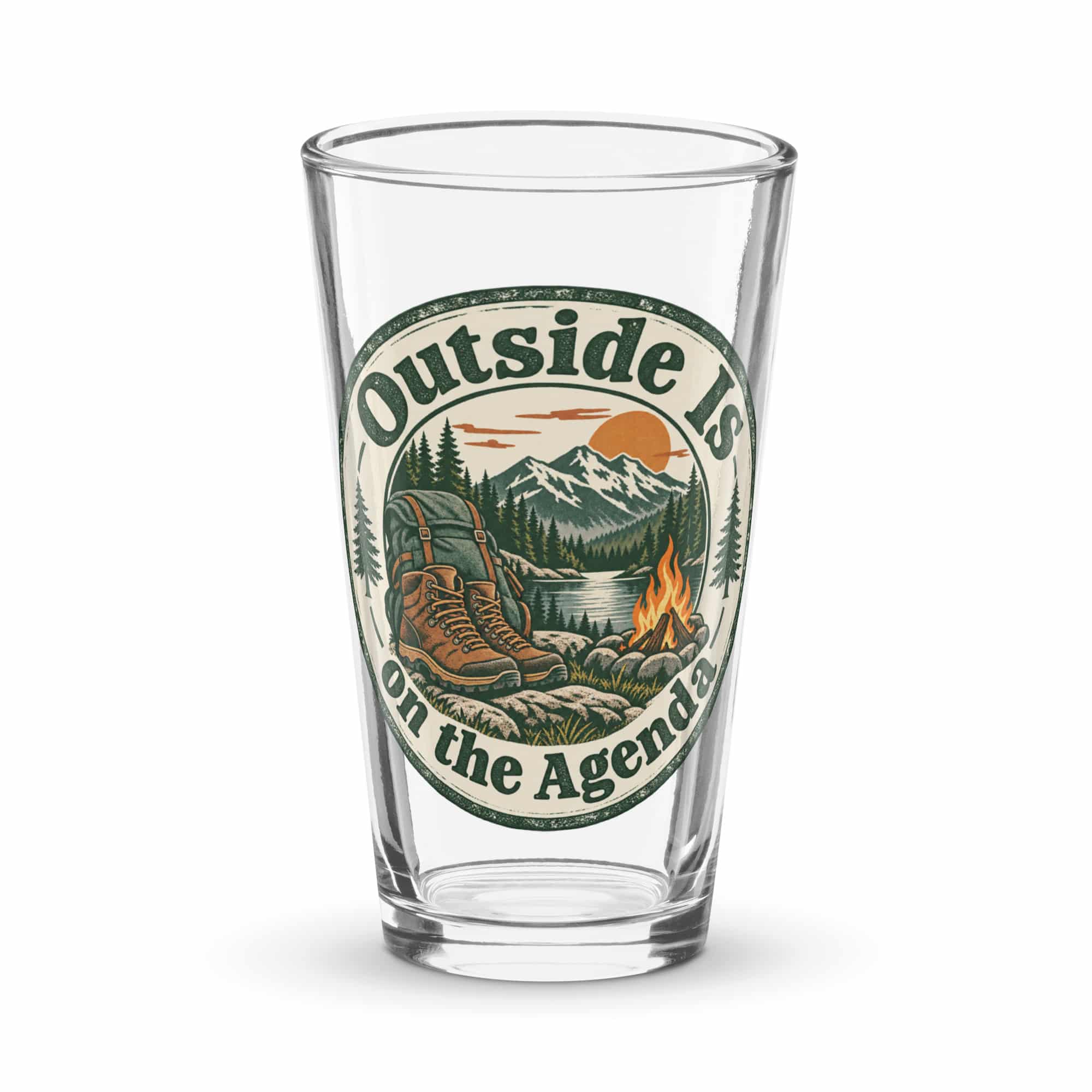 Nature and Adventure Pint Glass: Outside Is on the Agenda, Vintage Round Badge